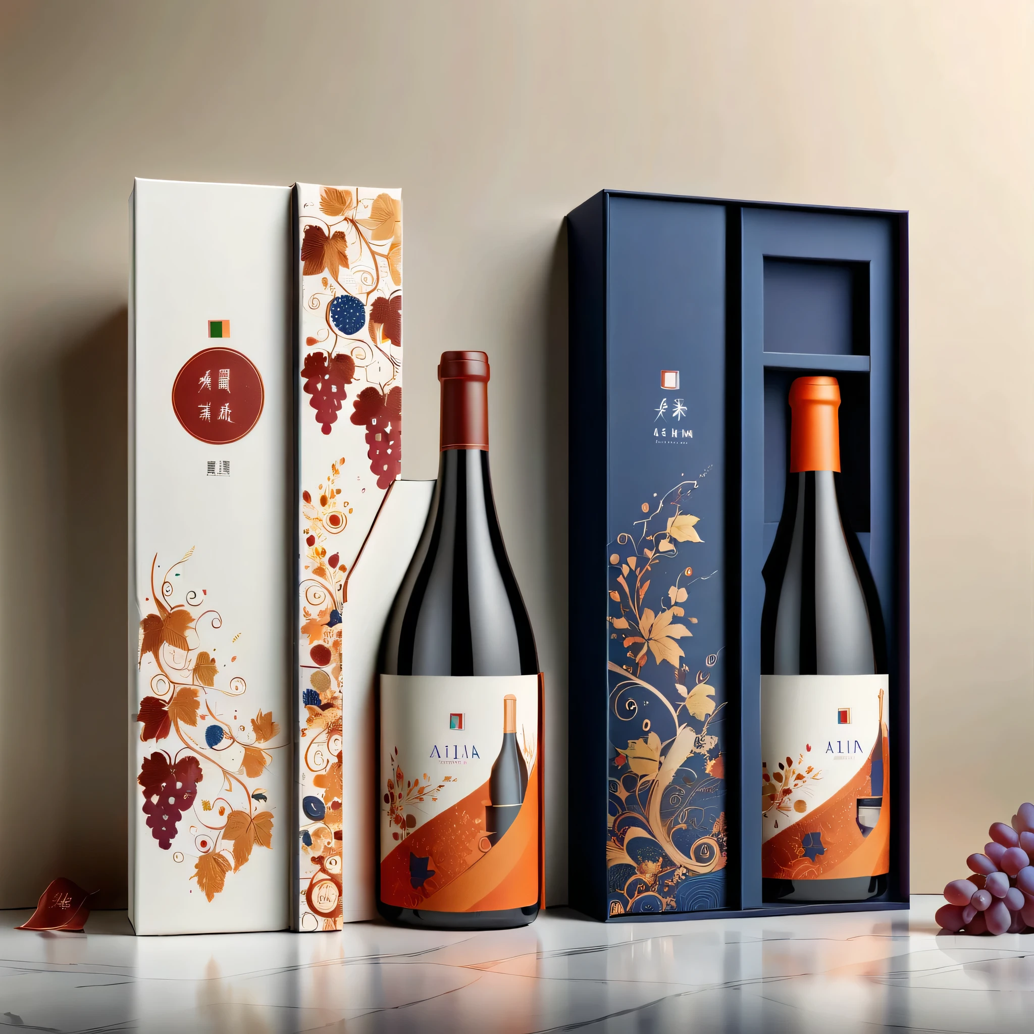 renderings，Luxuriously designed Italian wine gift box packaging，Packaging modern，Using Italian modern fashion elements。colorful，mixed with white，orange color，Red，the box is structuRed to hold a bottle of fine wine，The surface is decorated with intricate blue UV embossing，add a touch of elegance。The design also includes subtle patterns of grape vines and wine glasses to hint at the content，Blending modern Italian culture with a wine theme。Gorgeous overall appearance，Designed to attract those who appreciate the finer things in life，Making it the perfect gift for special occasions。