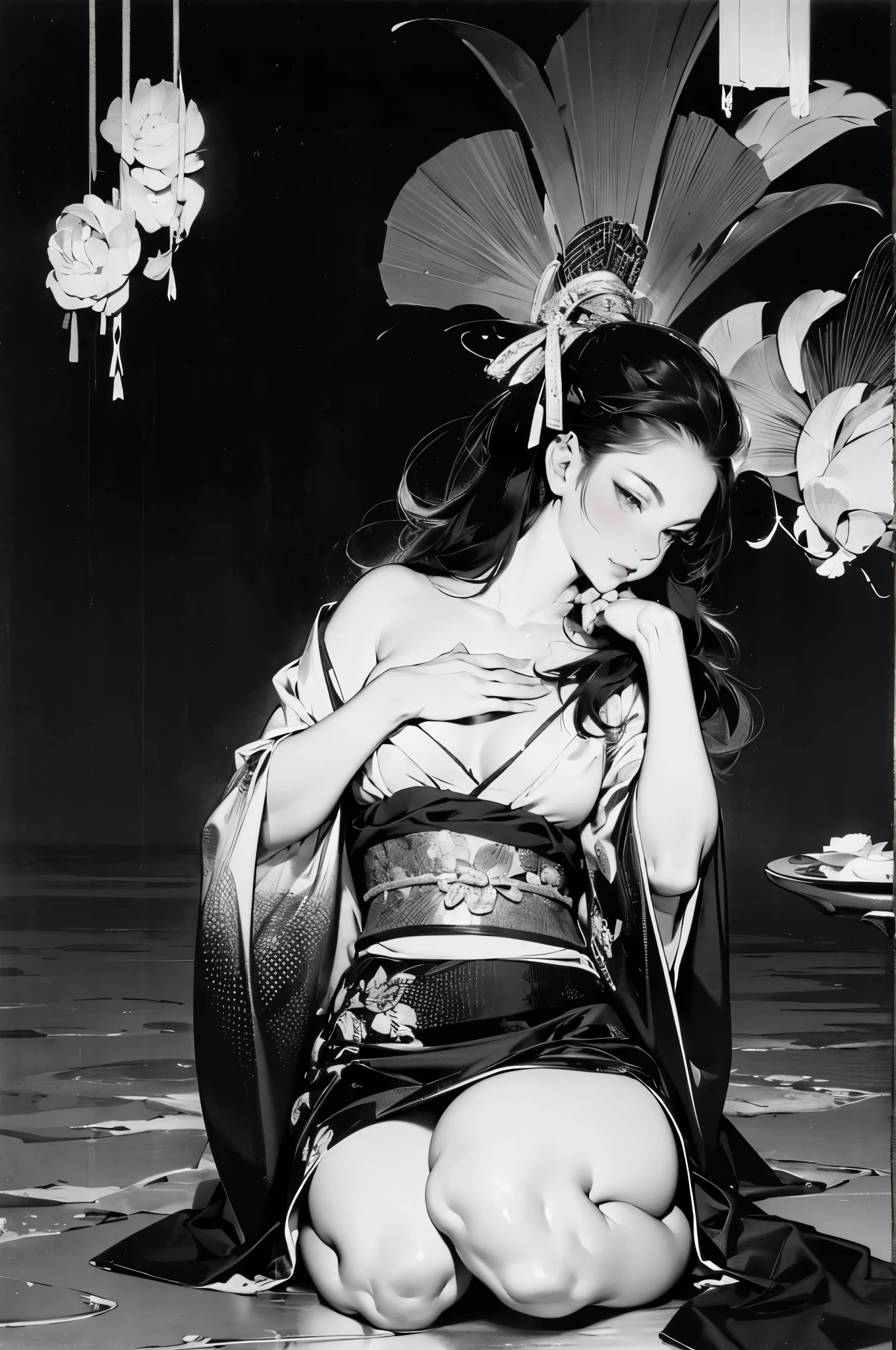 Umalinda warrior sexy, pretty face, Delicious Company, Alluring figure, Wearing a sexy open kimono. The artwork is created in a medium reminiscent of Japanese ink paintings....., 具有大胆的笔触和Monochromatic color palette. artist&#39;Masterful technique reveals the intensity and power of the image&#39;sense of presence，with the highest quality, Perfectly capture every detail with ultra-high resolution. Textures and intricate patterns on kimonos are rendered with extreme precision. Lighting is carefully designed，Enhance drama, Features deep shadows and subtle highlights. General, The artwork exudes elegance and power, Combining traditional Japanese aesthetics with a modern feel. Monochromatic color palette, Combine details, Create captivating and immersive experiences for your audience.