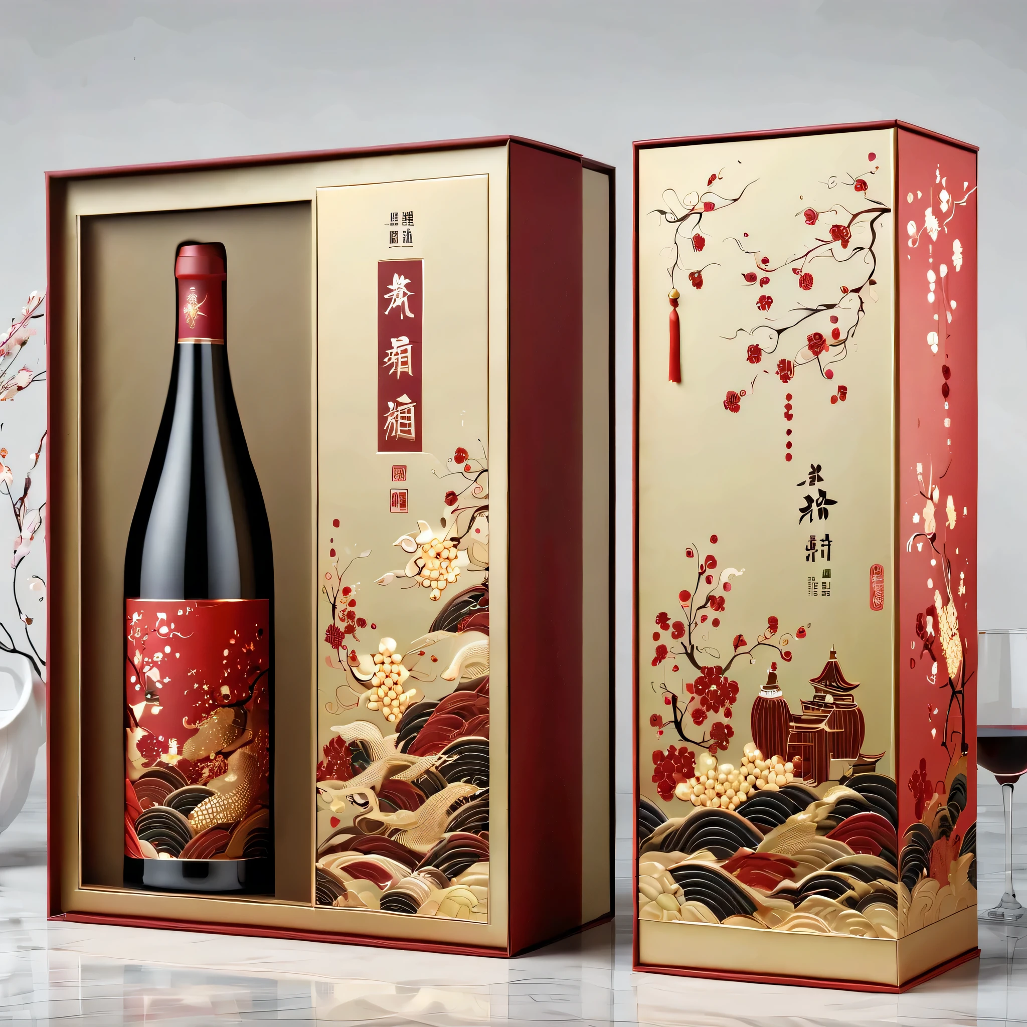 renderings，three dimensional，wine gift box，设计奢华的中国wine gift box包装，Packaging modern，Adopt Chinese modern fashion elements。colorful，mix of red and gold，Meaning good luck and good luck、Prosperous financial resources。the box is structured to hold a bottle of fine wine，Surface decorated with intricate gold embossing，add a touch of elegance。The design also includes subtle patterns of grape vines and wine glasses to hint at the content，Integrating modern Chinese culture with wine themes。Gorgeous overall appearance，Designed to attract those who appreciate the finer things in life，Making it the perfect gift for special occasions。