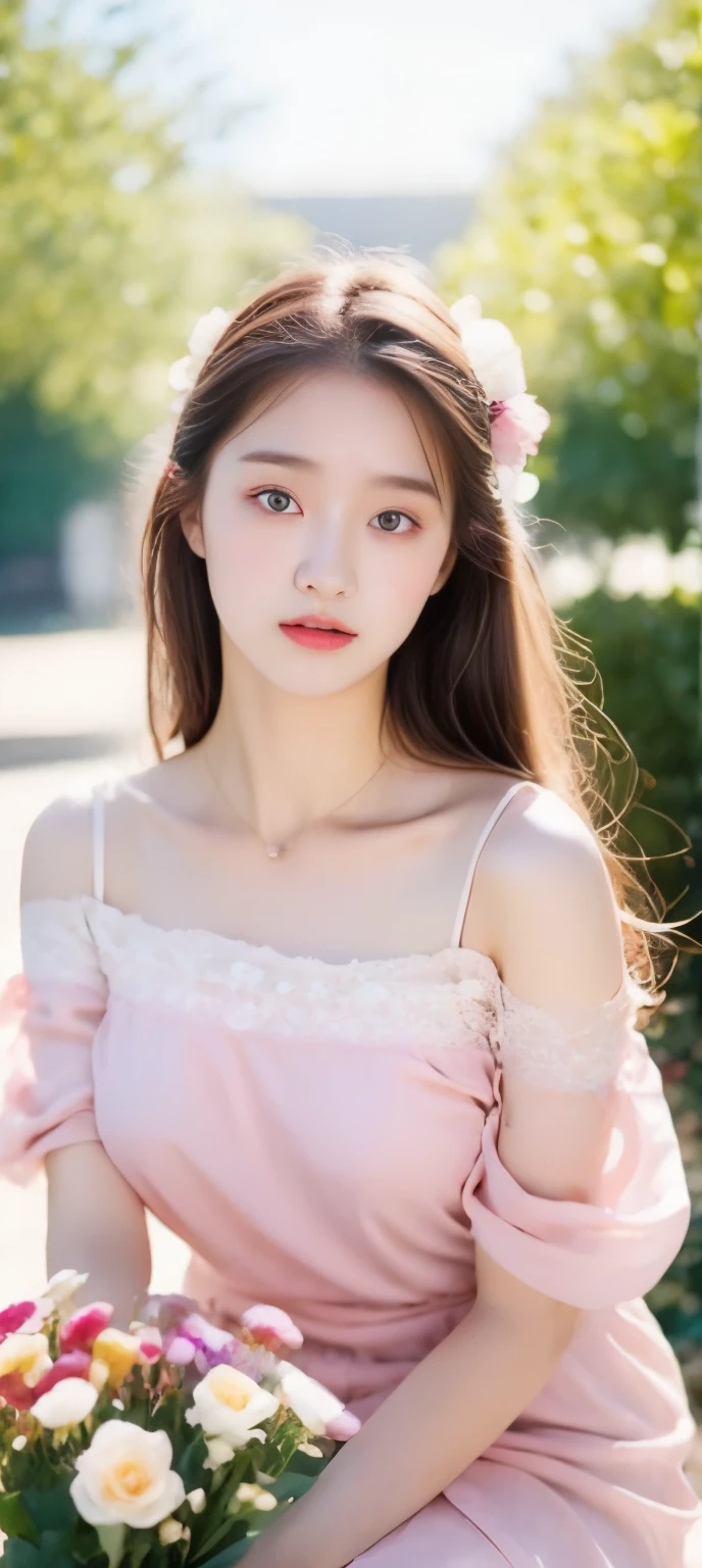 18-year-old girl,Beautiful looks,bouquet of flowers,dream,Sit on your knees,pink tone,short dress,spaghetti straps,Off the shoulders,Snow-white chest