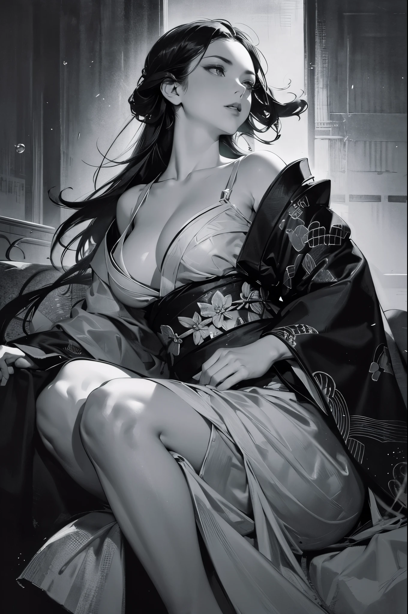 Umalinda warrior sexy, pretty face, Delicious Company, Alluring figure, Wearing a sexy open kimono. The artwork is created in a medium reminiscent of Japanese ink paintings....., 具有大胆的笔触和Monochromatic color palette. artist&#39;Masterful technique reveals the intensity and power of the image&#39;sense of presence，with the highest quality, Perfectly capture every detail with ultra-high resolution. Textures and intricate patterns on kimonos are rendered with extreme precision. Lighting is carefully designed，Enhance drama, Features deep shadows and subtle highlights. General, The artwork exudes elegance and power, Combining traditional Japanese aesthetics with a modern feel. Monochromatic color palette, Combine details, Create captivating and immersive experiences for your audience.