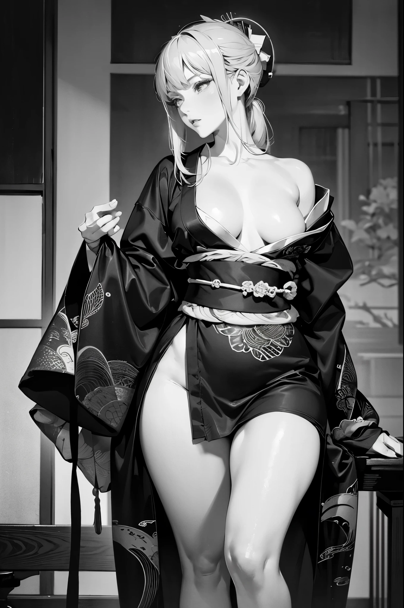 Umalinda warrior sexy, pretty face, Delicious Company, Alluring figure, Wearing a sexy open kimono. The artwork is created in a medium reminiscent of Japanese ink paintings....., 具有大胆的笔触和Monochromatic color palette. artist&#39;Masterful technique reveals the intensity and power of the image&#39;sense of presence，with the highest quality, Perfectly capture every detail with ultra-high resolution. Textures and intricate patterns on kimonos are rendered with extreme precision. Lighting is carefully designed，Enhance drama, Features deep shadows and subtle highlights. General, The artwork exudes elegance and power, Combining traditional Japanese aesthetics with a modern feel. Monochromatic color palette, Combine details, Create captivating and immersive experiences for your audience.