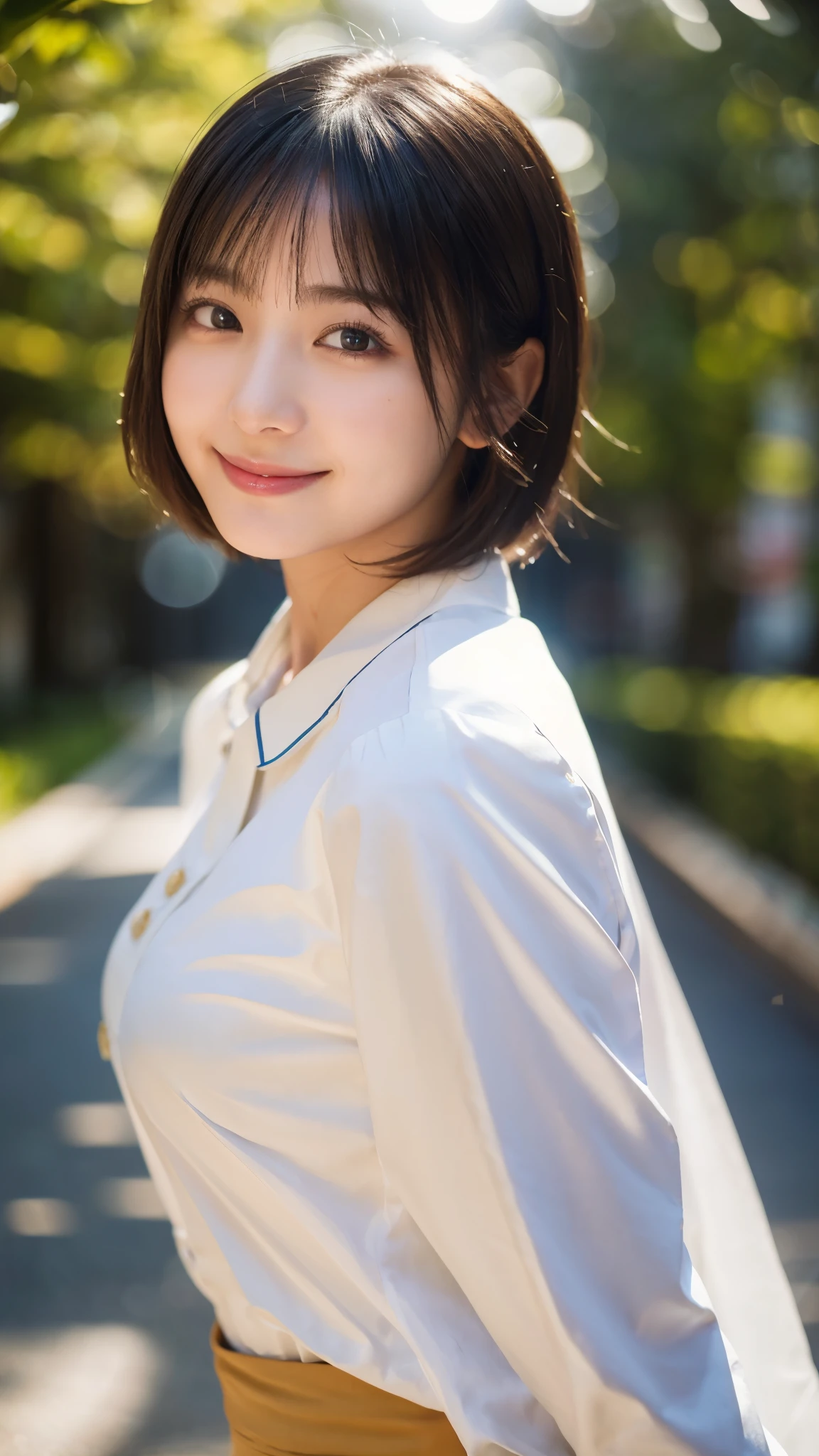 Enhanced dynamic perspective,Cute cute beautiful girl,JK school uniform,Beautiful skin, Look at me and smile,simple backgound,Works of masters,high quarity,4K resolution,super-fine,Detailed pubic hair,准确,Cinematic lighting,Leaves the original facial proportions、(large full breasts)、((buttonGap))、Remove three buttons、Skin is visible