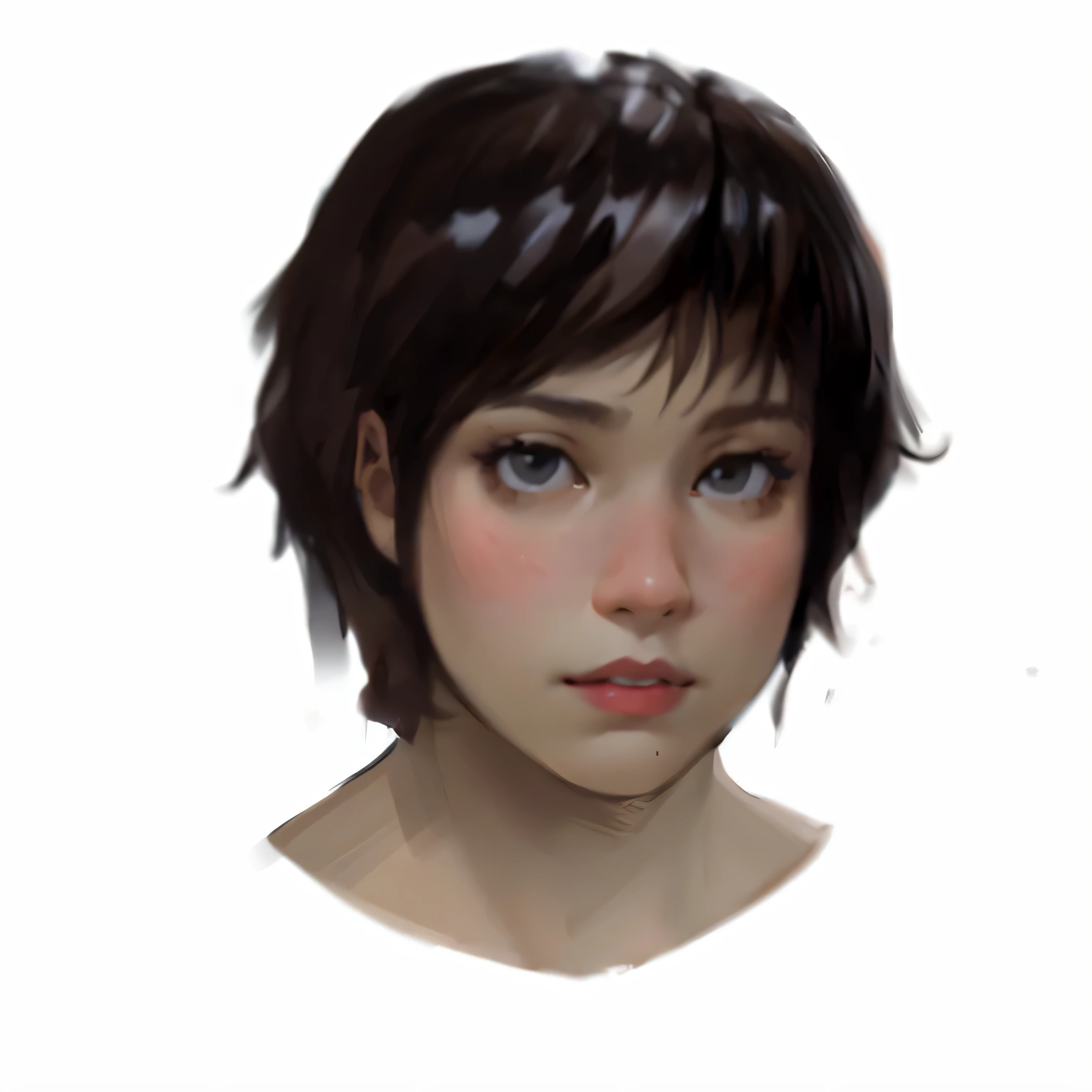 There is a figure of a woman with short hair, Portraits of little people, portrait study, soft portrait, character Facial studies, digital portrait, Facial studies, Realistic female portrait, girl portrait, Realistic portrait, 2D portrait, detailed portrait, People art portrait, bust, Realistically rendered faces, Face female portrait, Face anime portrait