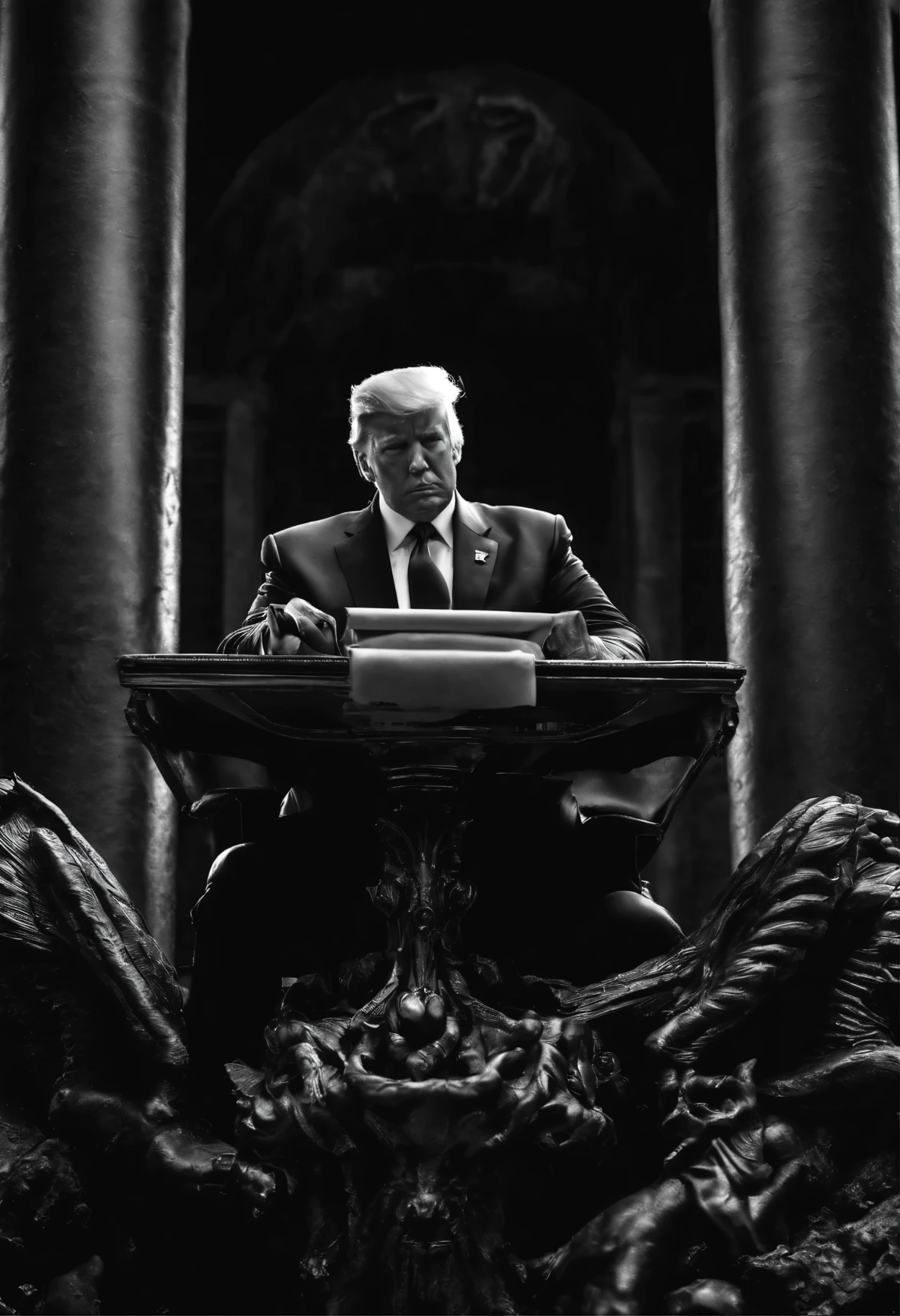 TRUMP SIGNING HIS SOUL TO DEVIL,  movie SCENE, modelo T800, black and white photograph, metal gris, fondo negro oscuro, No bright or warm colors, sin colores, Dark night design, Bleak world.