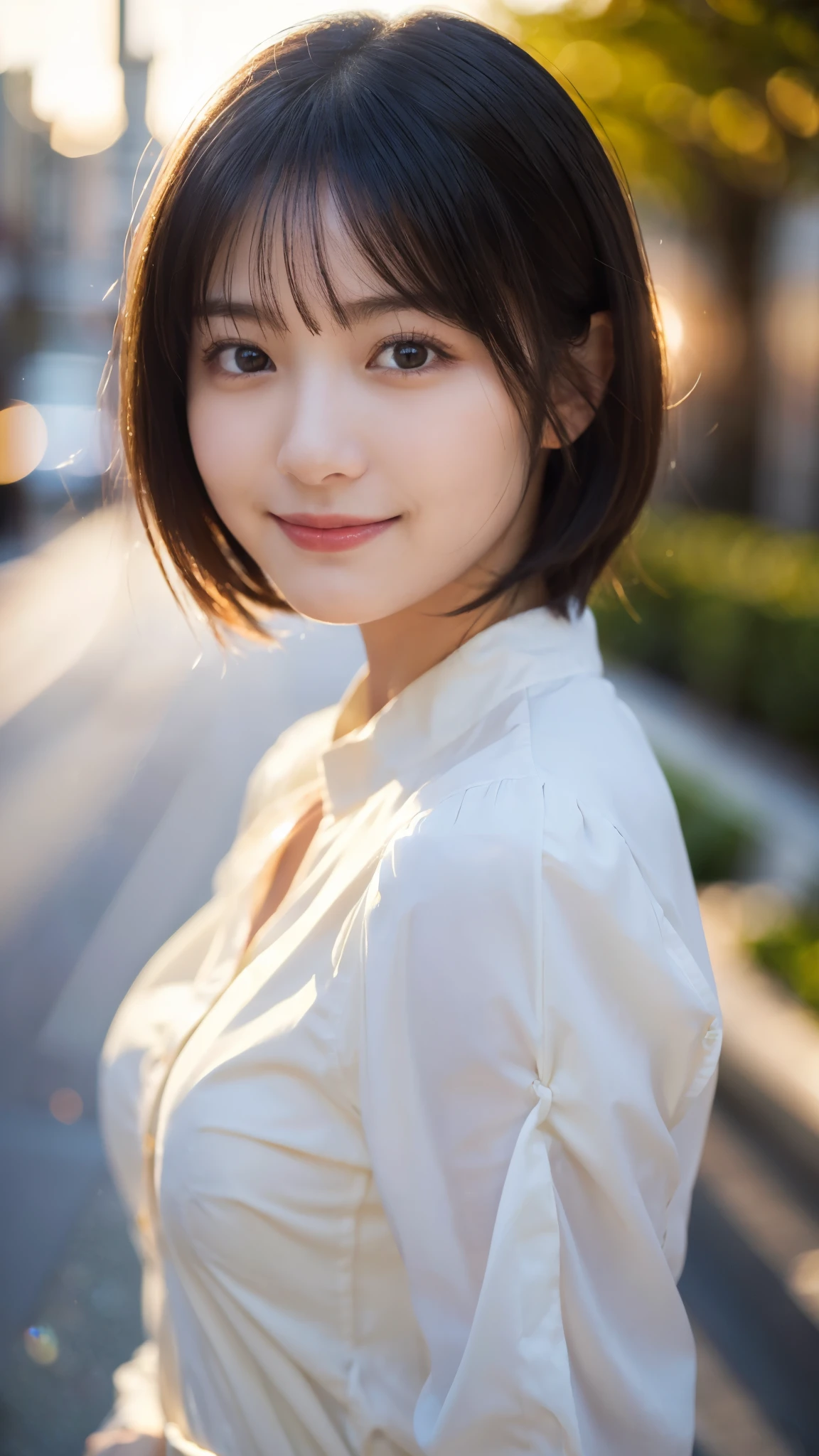 (highest quality,masterpiece:1.3,ultra high resolution),(Super detailed,caustics,8k),(photorealistic:1.4,RAW shooting),1 girl,(look at the camera with a smile),20-year-old,cute,Japanese,black hair short cut,long sleeve blouse,big ,bust up shot,street,(face focus),(face close up),sunshine,Natural light,(Backlight),(A bright light shines from behind),(Lens flare),professional writing,(low position:1.1),(Low - Angle:1.1)