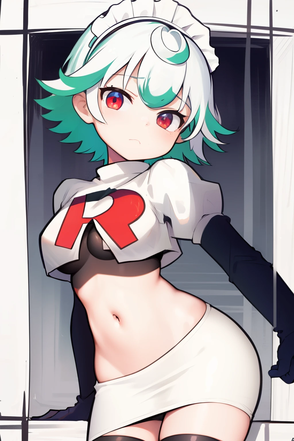 1girl, prushka, short hair, multicolored hair, medium breasts, maid headband,  looking at viewer, :\, team rocket,team rocket uniform,white skirt,red letter R,crop top,black thigh-highs,black elbow gloves