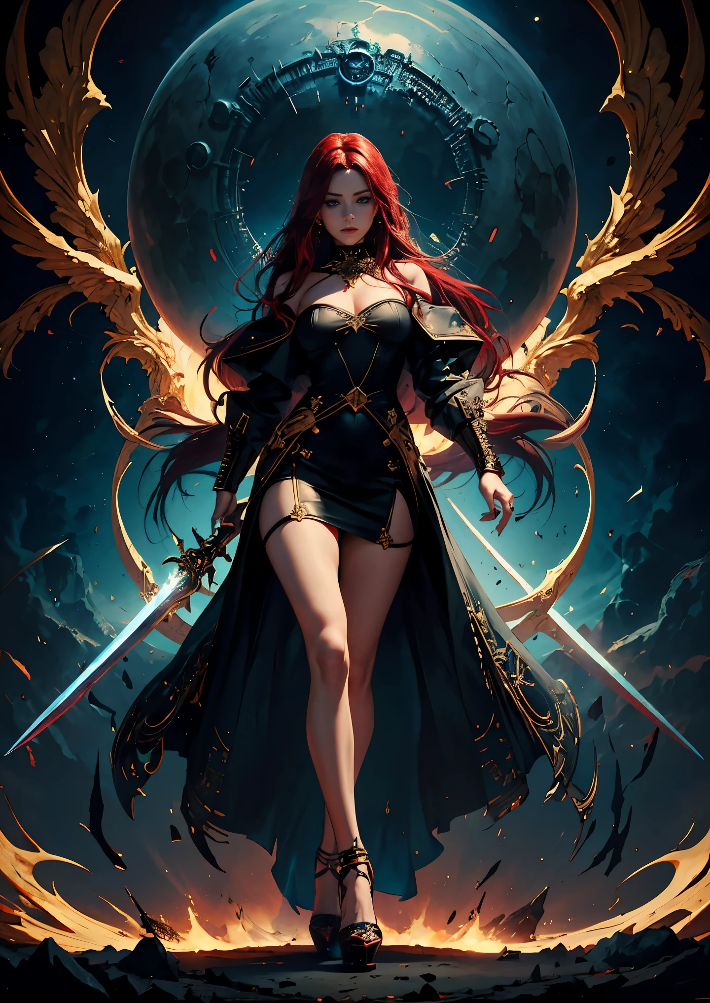 1girll, blue eyes,Red long-haired,large breasts,Convex buttocks,Bare legged,black heels,White bandeau dress decorated with gold patterns,she wears a black trench coat,There is a rune marke sword in her hand,starrysky,kosmos,Detailed background,Clothing details,perfectly proportioned, Cinematic lighting, filmgrain, Fuji colors, lightand shade contrast, 8K, masterpiece, Textured skin, Super detail, high detal, high qulity, A high resolution,