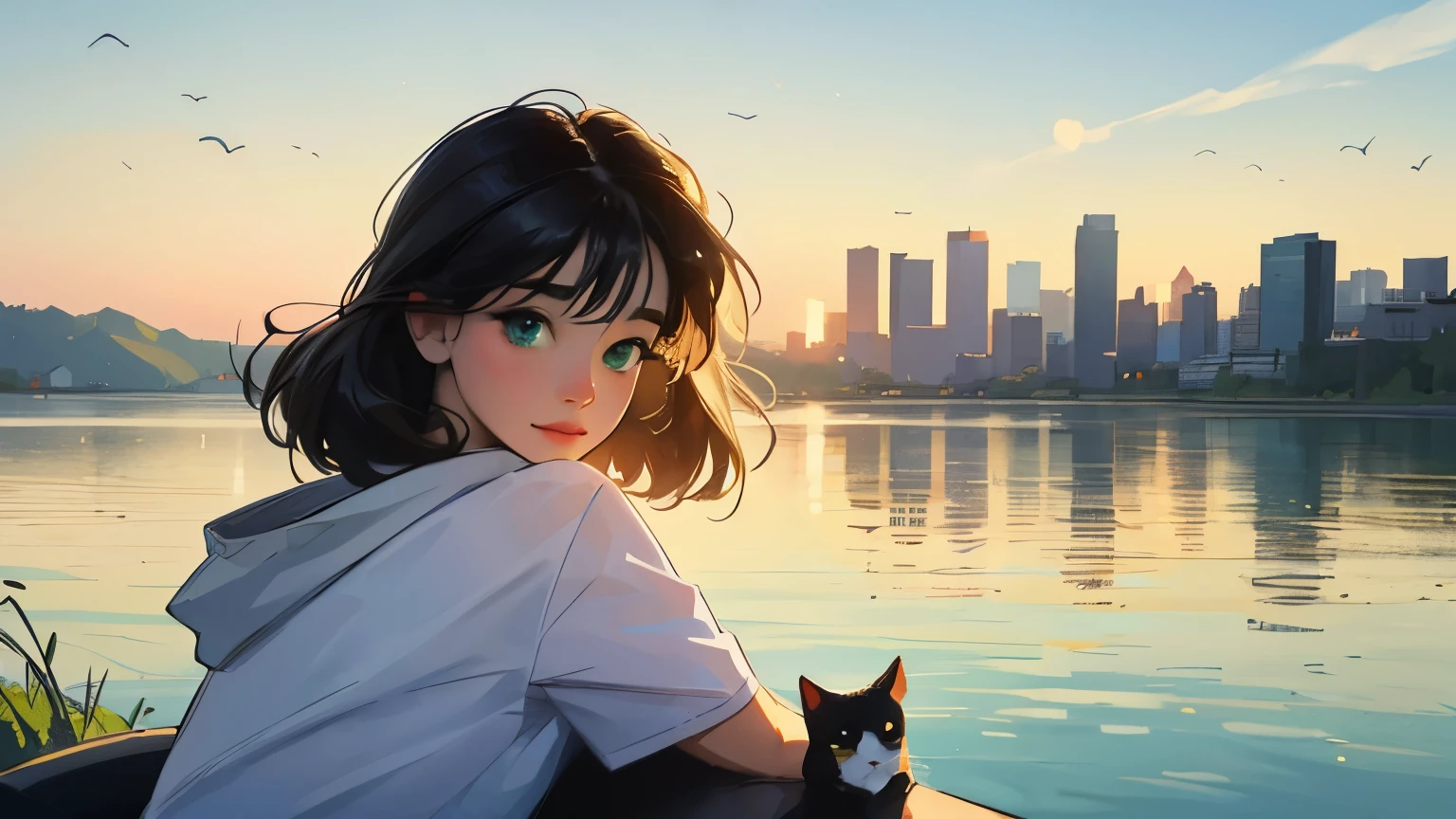 ((masterpiece)),(((bestquality))),((ultra-detailed)) realisticlying, 1 girl, Beautiful, black hair, happy, solo, The sky morning, looking to viewer, soft green, city, lake, cat, car.