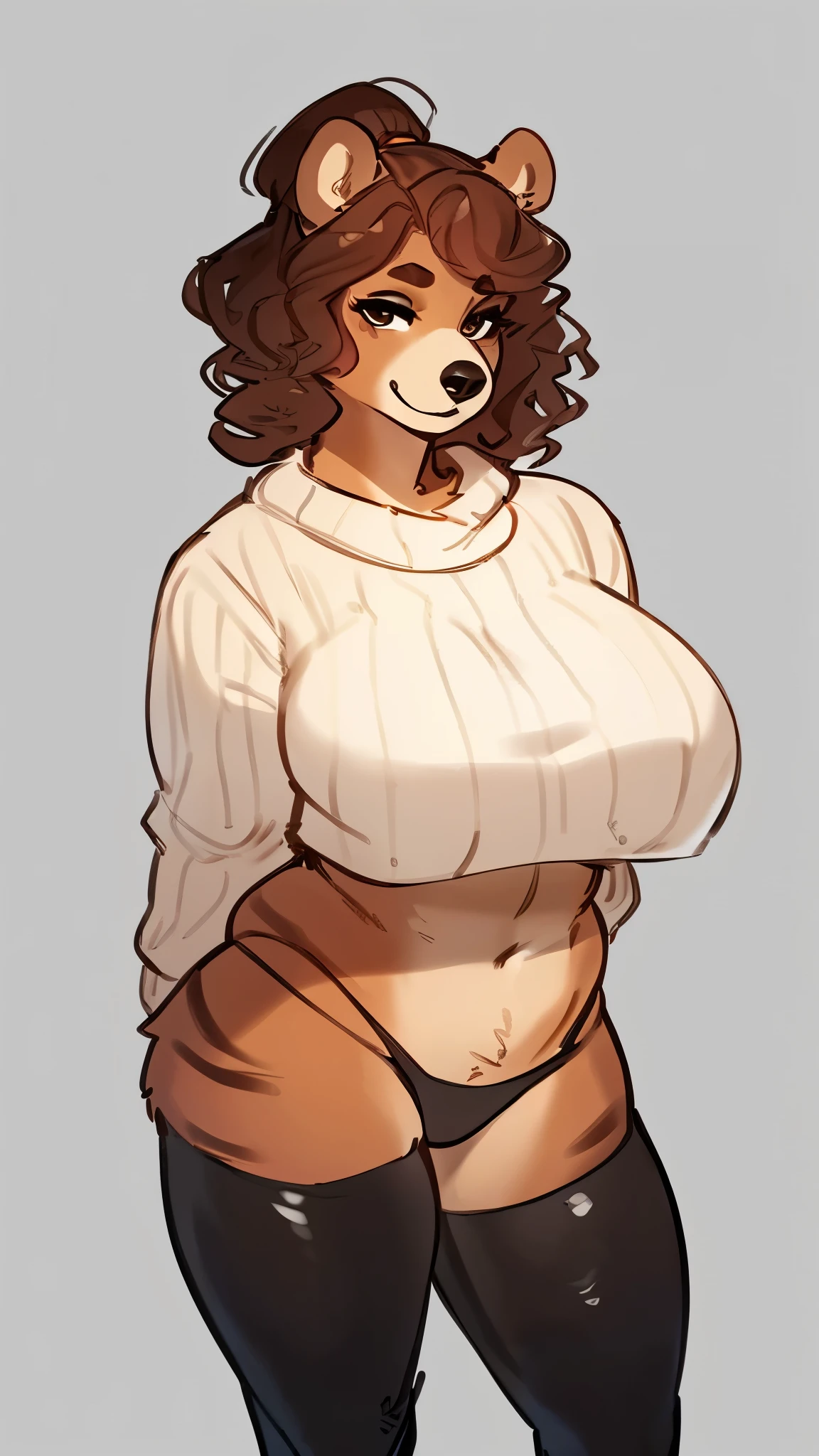 By furlana, By bebebebebe, by lostgoose, by goonie-san, solo, standing, female, ursine, bear, ((snout, hair)), cream fur, stripes, ((detailed eyes, muscular)), big breasts, wavy hair, hairbun, striped sweater, crop top, leggings, thong