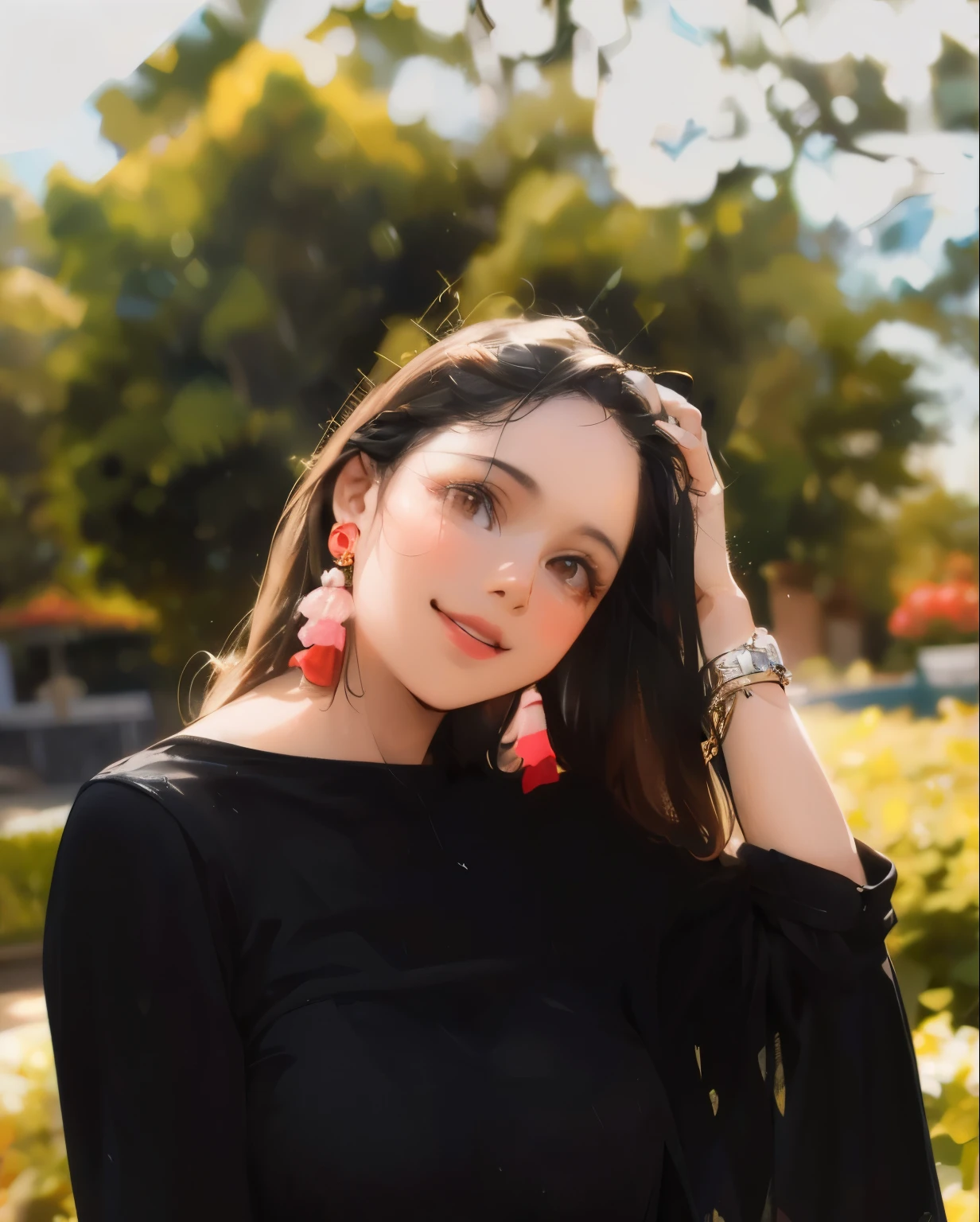 (fotorrealista,high resolution:1.2),hermoso,inteligente,mujer ingeniosa,sonriente,disfrutando de la vida,curly brown hair,ojos detallados,labios deliciosos,personalidad vibrante,ropa elegante,garden environment,con flores de colores,mariposas revoloteando alrededor,soft sunlight casting a warm glow,ambiente tranquilo.