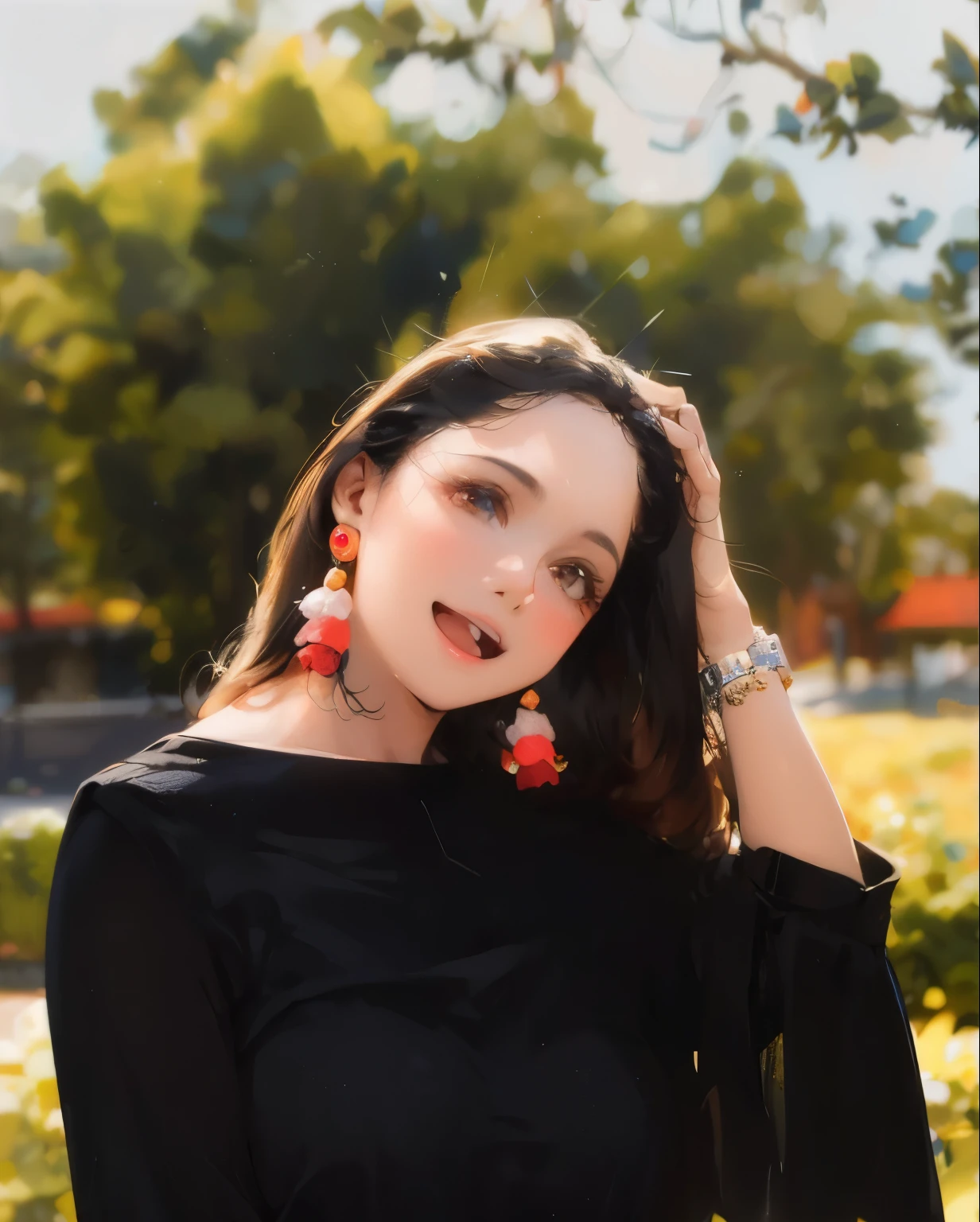 (fotorrealista,high resolution:1.2),hermoso,inteligente,mujer ingeniosa,sonriente,disfrutando de la vida,curly brown hair,ojos detallados,labios deliciosos,personalidad vibrante,ropa elegante,garden environment,con flores de colores,mariposas revoloteando alrededor,soft sunlight casting a warm glow,ambiente tranquilo.