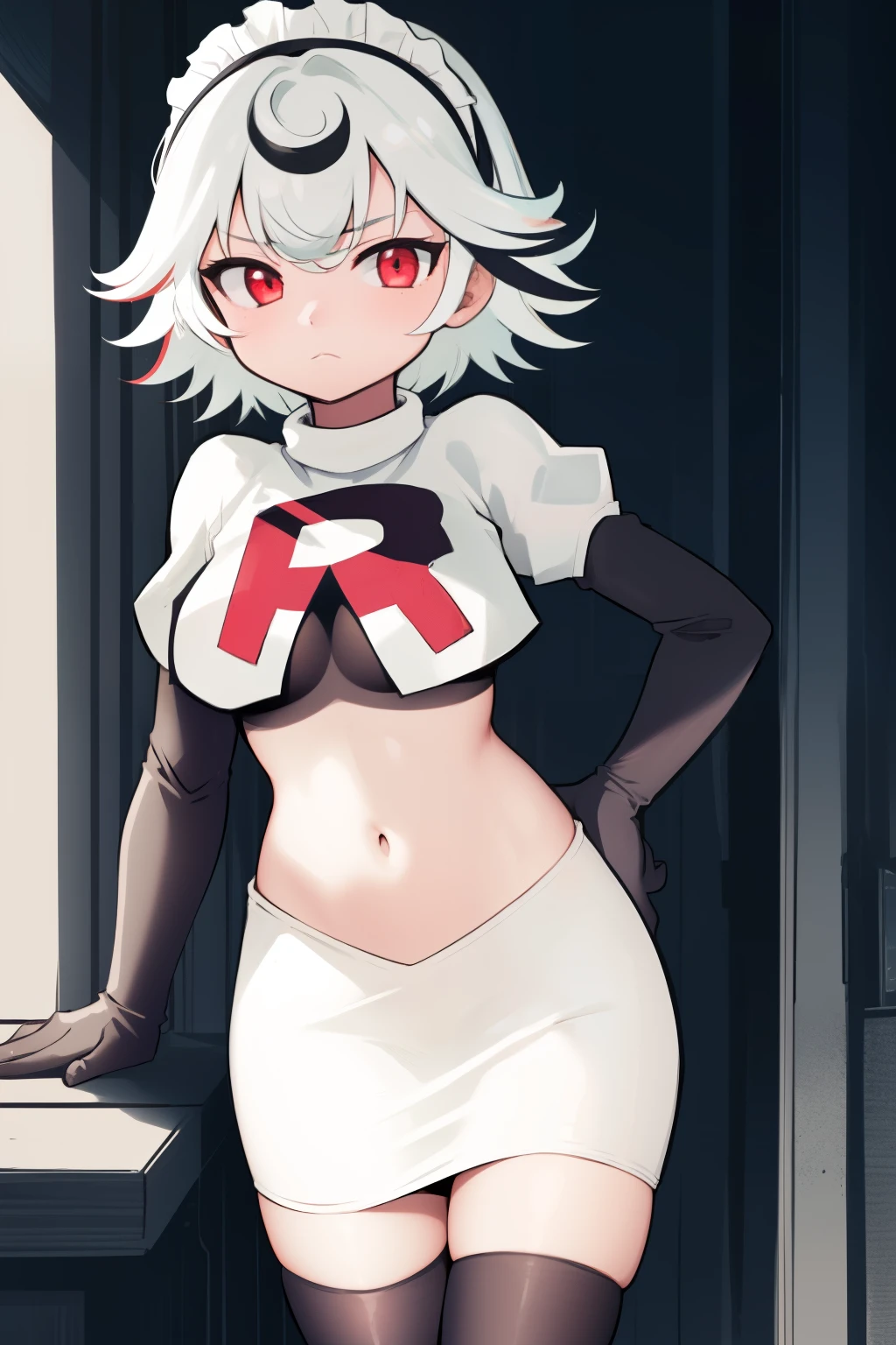 1girl, prushka, short hair, multicolored hair, medium breasts, maid headband, looking at viewer, :\, team rocket,team rocket uniform,white skirt,red letter R,crop top,black thigh-highs,black elbow gloves
