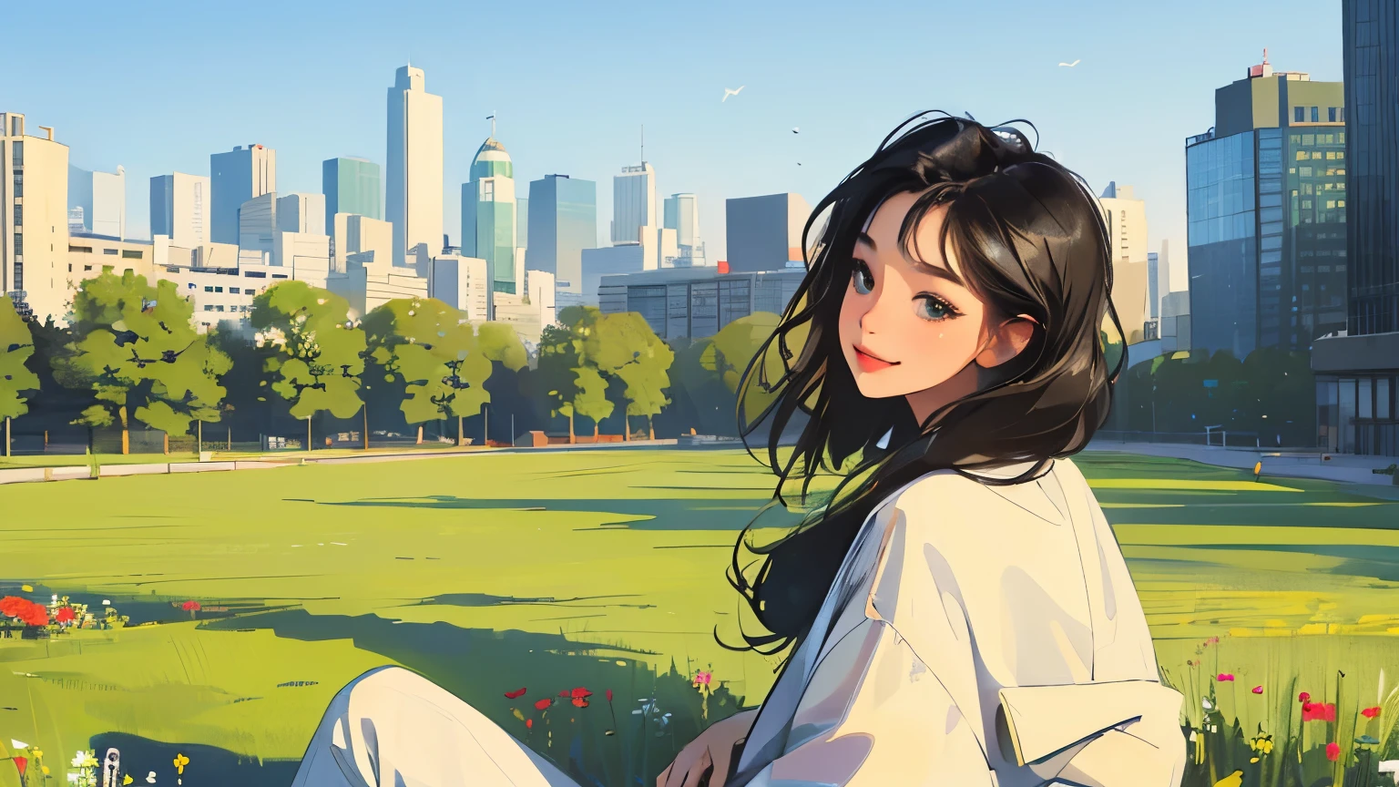 ((masterpiece)),(((bestquality))),((ultra-detailed)) realisticlying, 1 girl, Beautiful, black hair,  happy,  solo, The sky turnsat morning,  looking to viewer, soft green,  city.