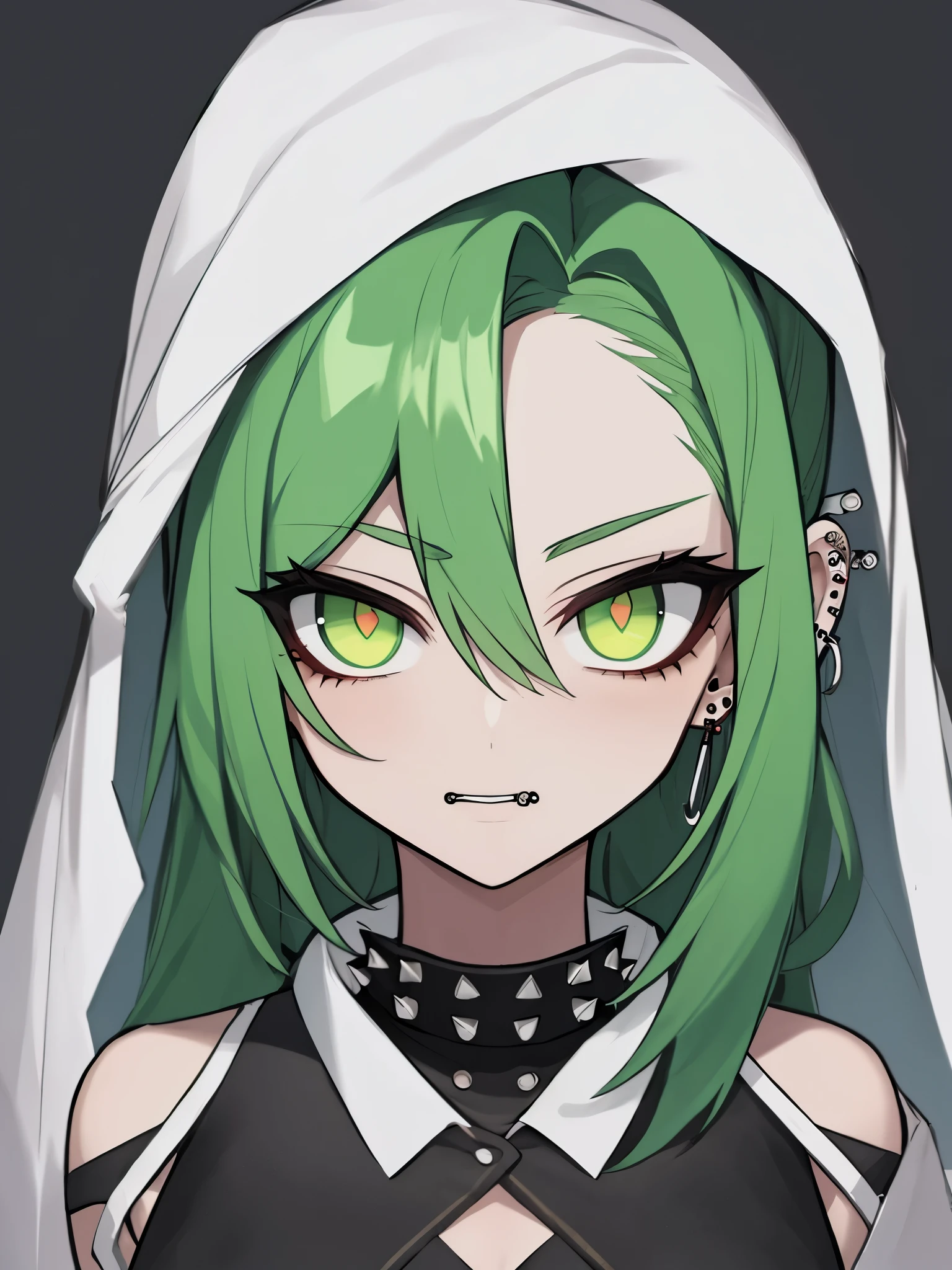 (Best quality, masterpiece), person with green hair and piercings, piercing stare, big piercing eyes, large piercing eyes, piercing green eyes, dark piercing eyes, beautiful piercing eyes, with anxious piercing eyes, wearing spikes and piercings, piercing glowing eyes, septum piercing, bright piercing brown eyes, huge downslanted eyes, sexy girl with green eyes 