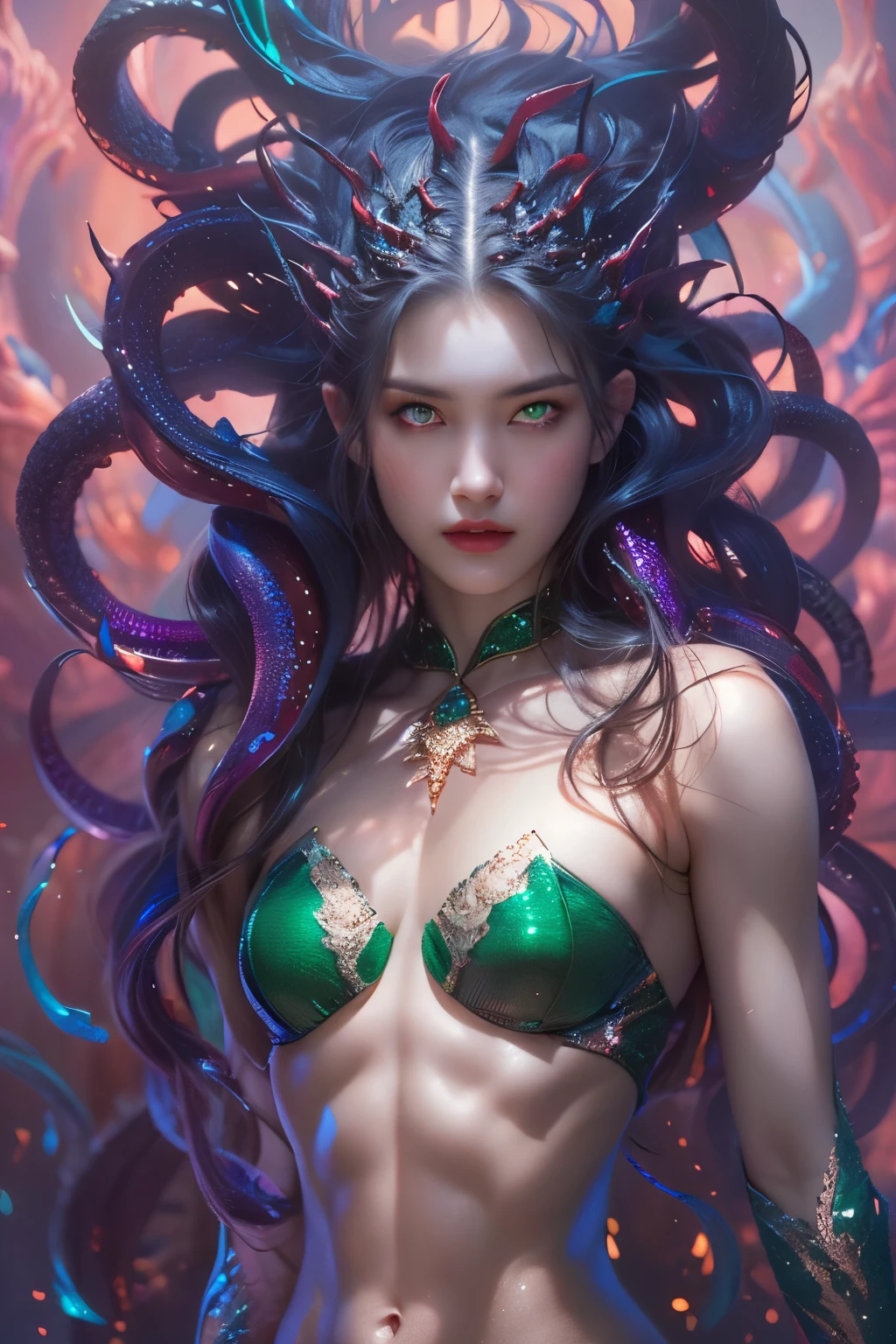 (1 female medusa-like mutant: 1.2), With a beautiful, enchanting face, this alien seduces us with her allure. Her captivating red eyes gleam brightly, reminiscent of burning embers. Her full body is unlike any human's, boasting a sexy, otherworldly form. No humans are present in this scene as she stands alone, her cells fused in a unique and intriguing extraterrestrial way.
(extraordinary beautiful nude photo:1.4), (glowing Emerald eyes:1.5), (sexy and glamorous:1.1), (coquettish expression:1.2), toned lean body, (muscular:1.2), (beautiful abs:1.5), beautiful nipples,  She has lots of iridescent translucent tentacles instead of her hair, pale skin, (white skin with prominent veins:1.3), moist skin,
Lots of iridescent translucent tentacles adorn her body, shimmering under the dramatic lighting. Her pale skin, with a hint of translucency, adds to her ethereal allure. This masterpiece, rendered in