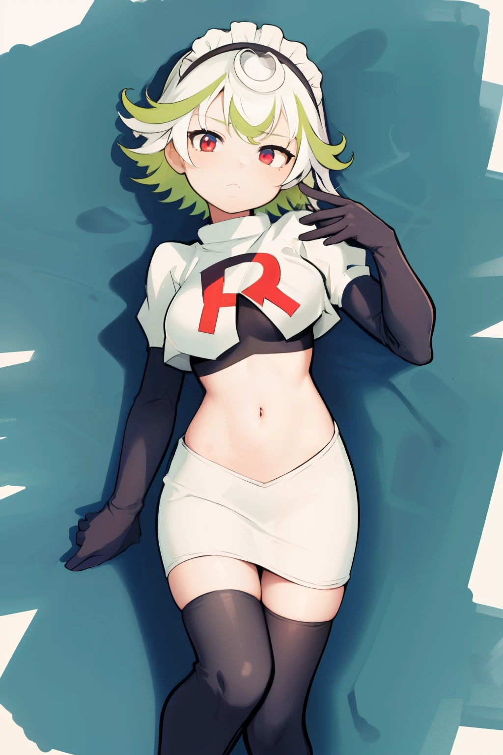 1girl, prushka, short hair, multicolored hair, medium breasts, maid headband, looking at viewer, :\, team rocket,team rocket uniform,white skirt,red letter R,crop top,black thigh-highs,black elbow gloves