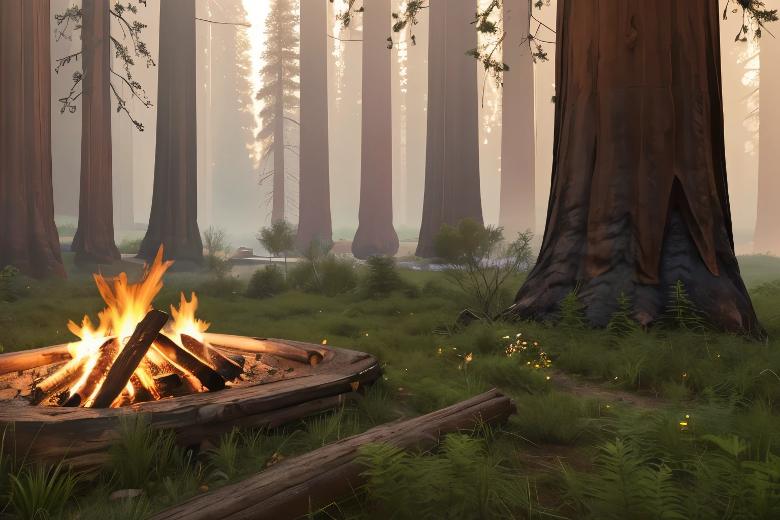 Forest, mountain, river, woods, vegetation, sequoia, redwood trees, dusk, campfires, fire, greenery, black and green aesthetic, ethereal, ground perspective, depth, masterpiece, best render, high res, best resolution, lush, nature, 4k, 8k, super great render, ((photorealistic)), great colors, ((sequoia)), ((california))