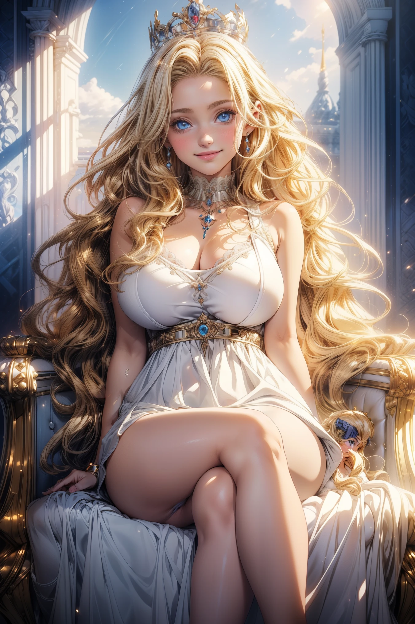 (best quality, masterpiece, ultra high resolution), (8k wallpaper, high-definition, HDR, RAW), (authenticity: 1.4), (full body shot), 1girl, ((Anime Queen)), ((Blonde wavy hair)), ((Pretty Anime Girl)), ((Beautiful Royal Dress)), ((Blue eyes)), ((Pale skin)), amazing very curvy body, female curves, huge breasts, large breasts, long legs, thick thighs, sexy flat tummy, perfect hands, ((wearing thight dress)), ((Crown)), ((White dress)), bare foot, Sitting on a throne, ((Subtle smile)), ((Inside a white palace)), skylight illumination, sunlight illumination, divine illumination