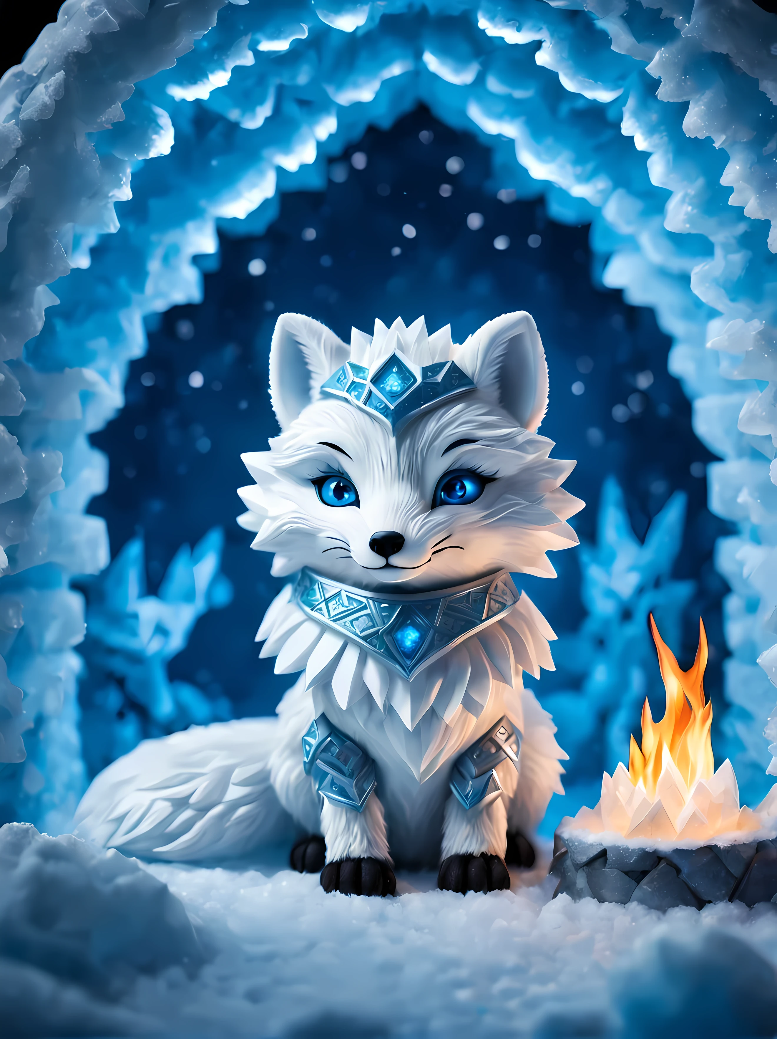 A formidable yet endearing arctic fox warrior stands proudly inside a cozy igloo, wearing an intricately designed armor made from shimmering ice crystals, vivid blue eyes, exuding a strength and resilience. | The igloo is richly decorated with intricate ice carvings depicting ancient symbols of power and protection, exuding mystique and enchantment. | A crackling fire pit in the center emits a cozy warmth, casting flickering shadows on the ice wallasterpiece in maximum 16K resolution, superb quality. | ((More_Detail))