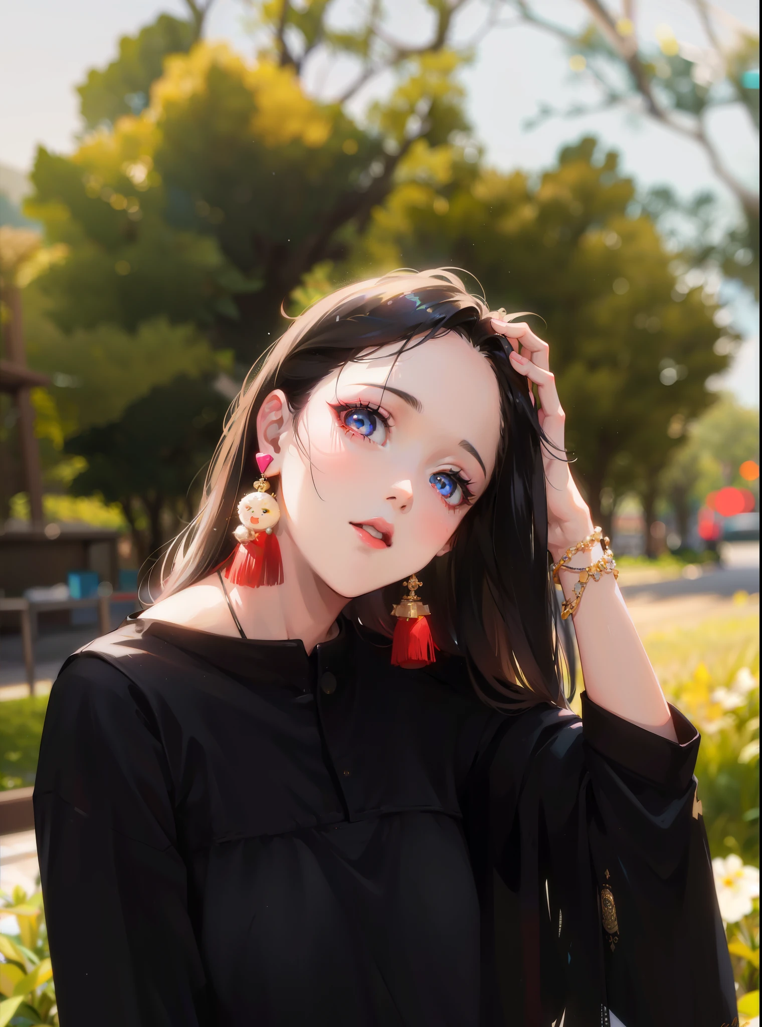 Una mujer vestida con un top negro y aretes rojos posando para una foto., dilraba dilmurat, pale skin persian girl, foto de retrato foto de perfil, retrato de alta calidad, linda hermosa, a linda mujer joven, una hermosa joven, linda mujer joven, hermosa imagen, hermoso lindo, con una mirada encantadora, chica joven y linda, lindo retrato, con hermosos colores
