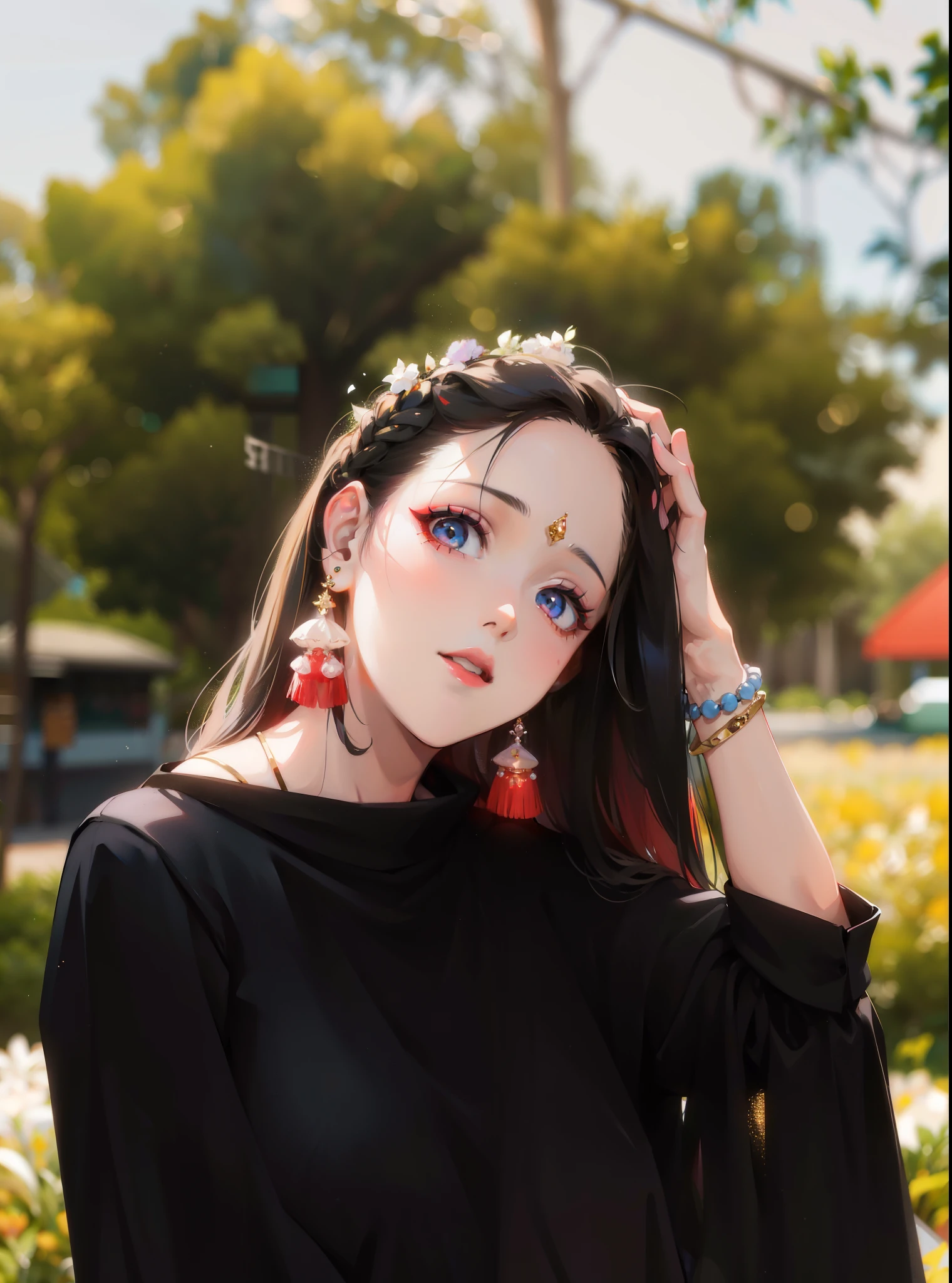 Una mujer vestida con un top negro y aretes rojos posando para una foto., dilraba dilmurat, pale skin persian girl, foto de retrato foto de perfil, retrato de alta calidad, linda hermosa, a linda mujer joven, una hermosa joven, linda mujer joven, hermosa imagen, hermoso lindo, con una mirada encantadora, chica joven y linda, lindo retrato, con hermosos colores