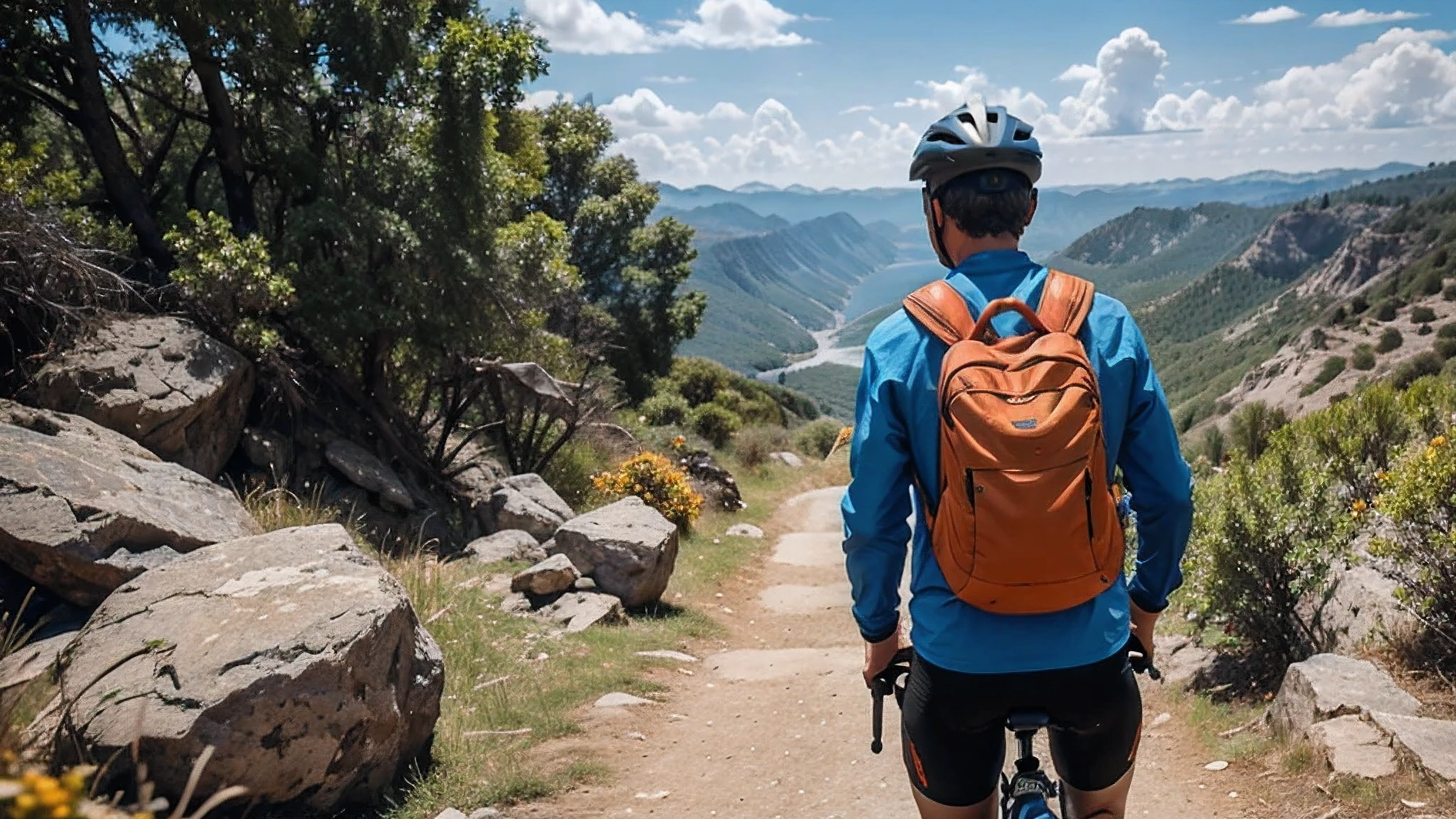 person rides bike, viewer from back , rocks, nature on background, bluesky, the man fully equipped with orange backpack