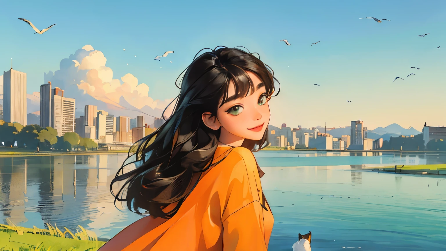 ((masterpiece)),(((bestquality))),((ultra-detailed)) realisticlying, 1 girl, Beautiful, black hair,  happy,  solo, The sky morning,  looking to viewer, soft green, city, lake, big orange cat.