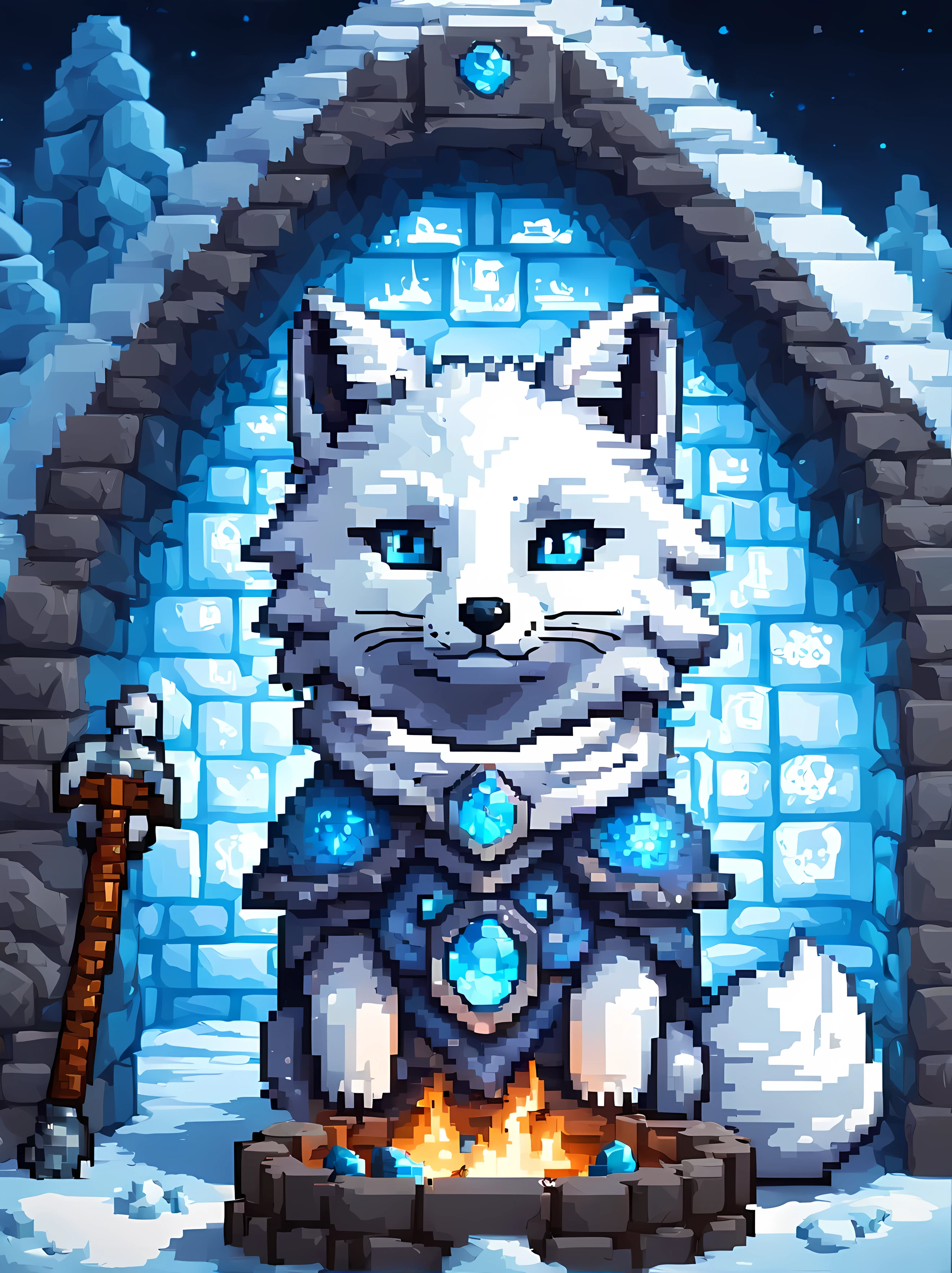 Pixel art, a formidable yet endearing arctic fox warrior stands proudly inside a cozy igloo, wearing an intricately designed armor made from shimmering gemstones of different colors, vivid blue eyes, exuding a strength and resilience. | The igloo is richly decorated with intricate ice carvings depicting ancient symbols of power and protection, exuding mystique and enchantment. | A crackling fire pit in the center emits a cozy warmth, casting flickering shadows on the ice walls, delicate. | Masterpiece in maximum 16K resolution, superb quality. | ((More_Detail))