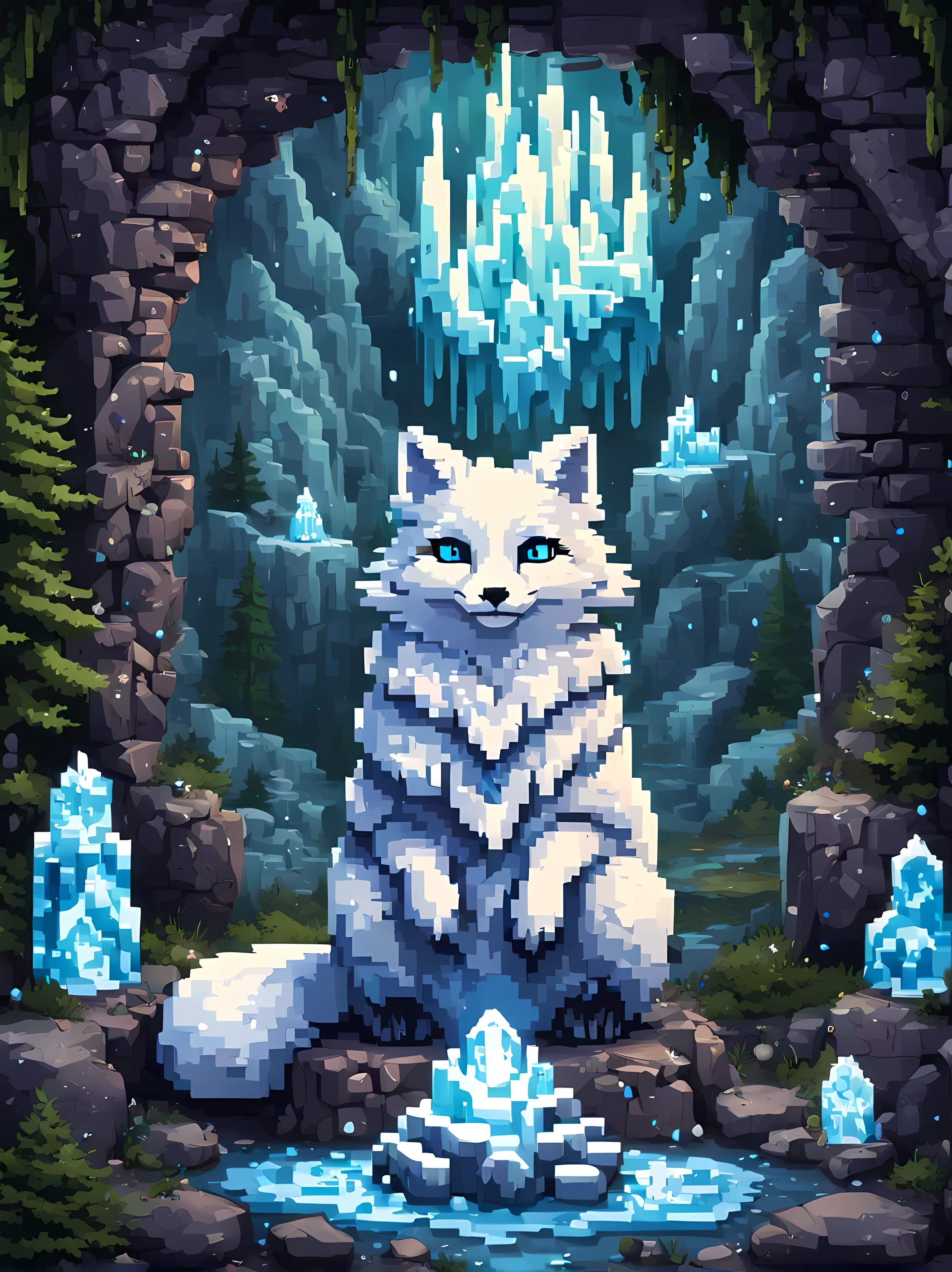 Pixel art, a formidable yet endearing arctic fox wizard sitting upon a frozen rock near a mystical cave entrance, wearing an intricately designed robe decorated with whimsical magical lines of different colors, vivid blue eyes, exuding power and wisdom. | Ethereal glow coming from inside the cave, the entrance is decorated with magical runes. | Surrounded by evergreen plantasterpiece in maximum 16K resolution, superb quality. | ((More_Detail))