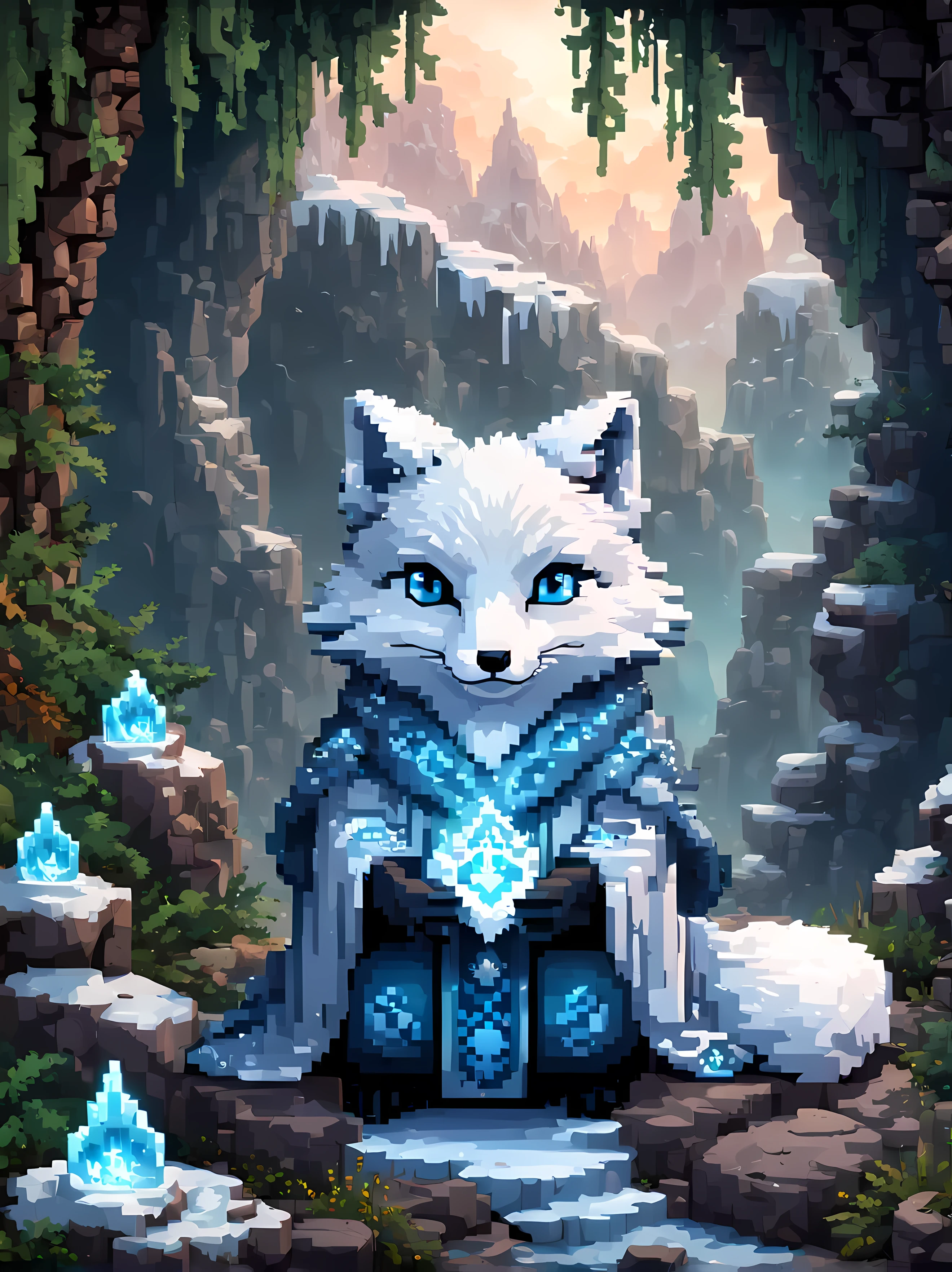 Pixel art, a formidable yet endearing arctic fox (wizard) sitting upon a frozen rock near a mystical cave entrance, wearing an intricately designed (robe) decorated with whimsical magical lines of different colors, vivid blue eyes, exuding power and wisdom. | Ethereal glow coming from inside the cave, the entrance is decorated with (magical runes). | Surrounded by evergreen plants, delicate. | Masterpiece in maximum 16K resolution, superb quality. | ((More_Detail))