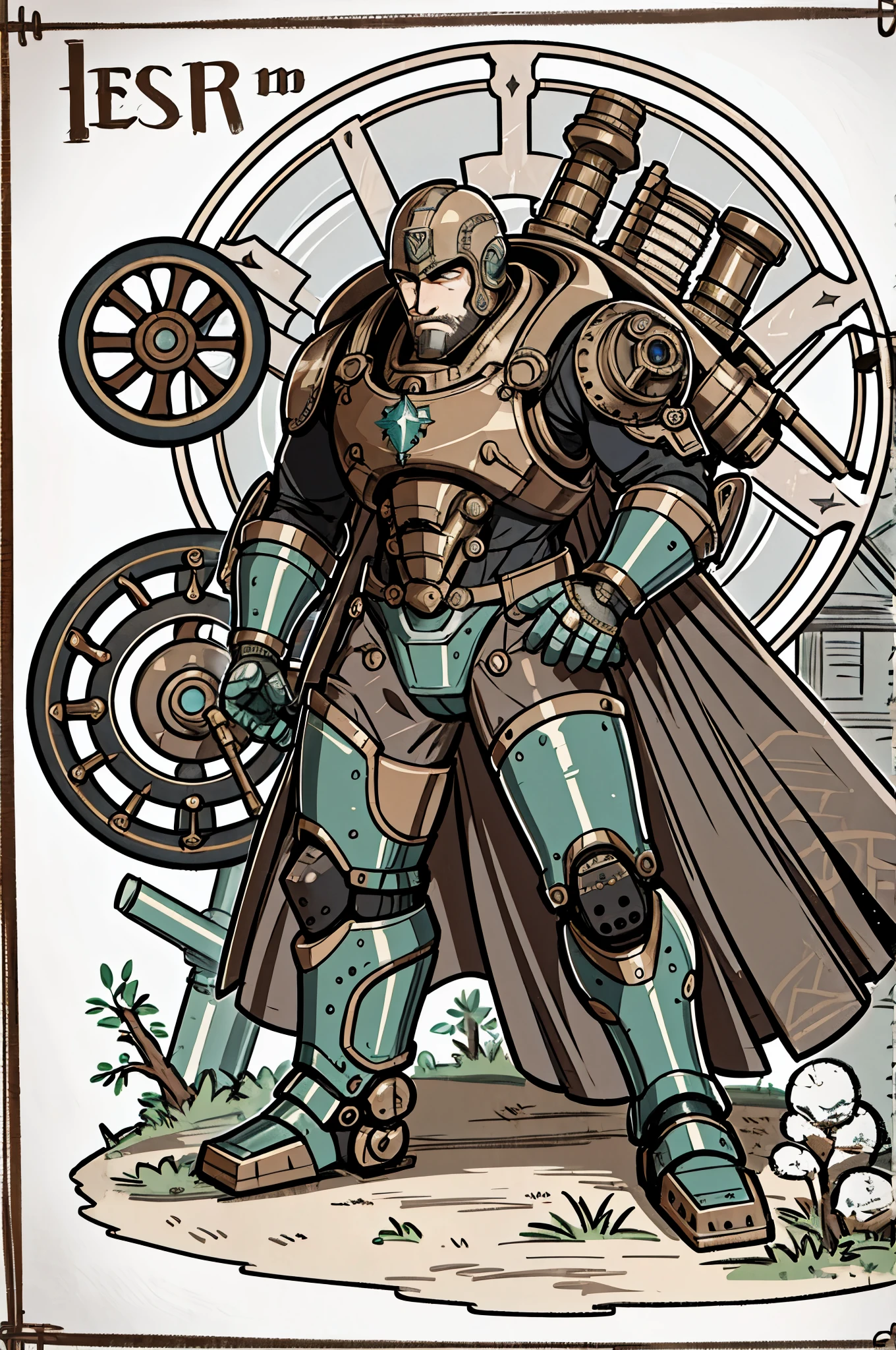 war machine, engineer, guy with machines, steam punk, by bestiary_style, masterpiece, best quality, solo, RPG engineer, perfect face, perfect hands, high detailed face, face with high detail,
