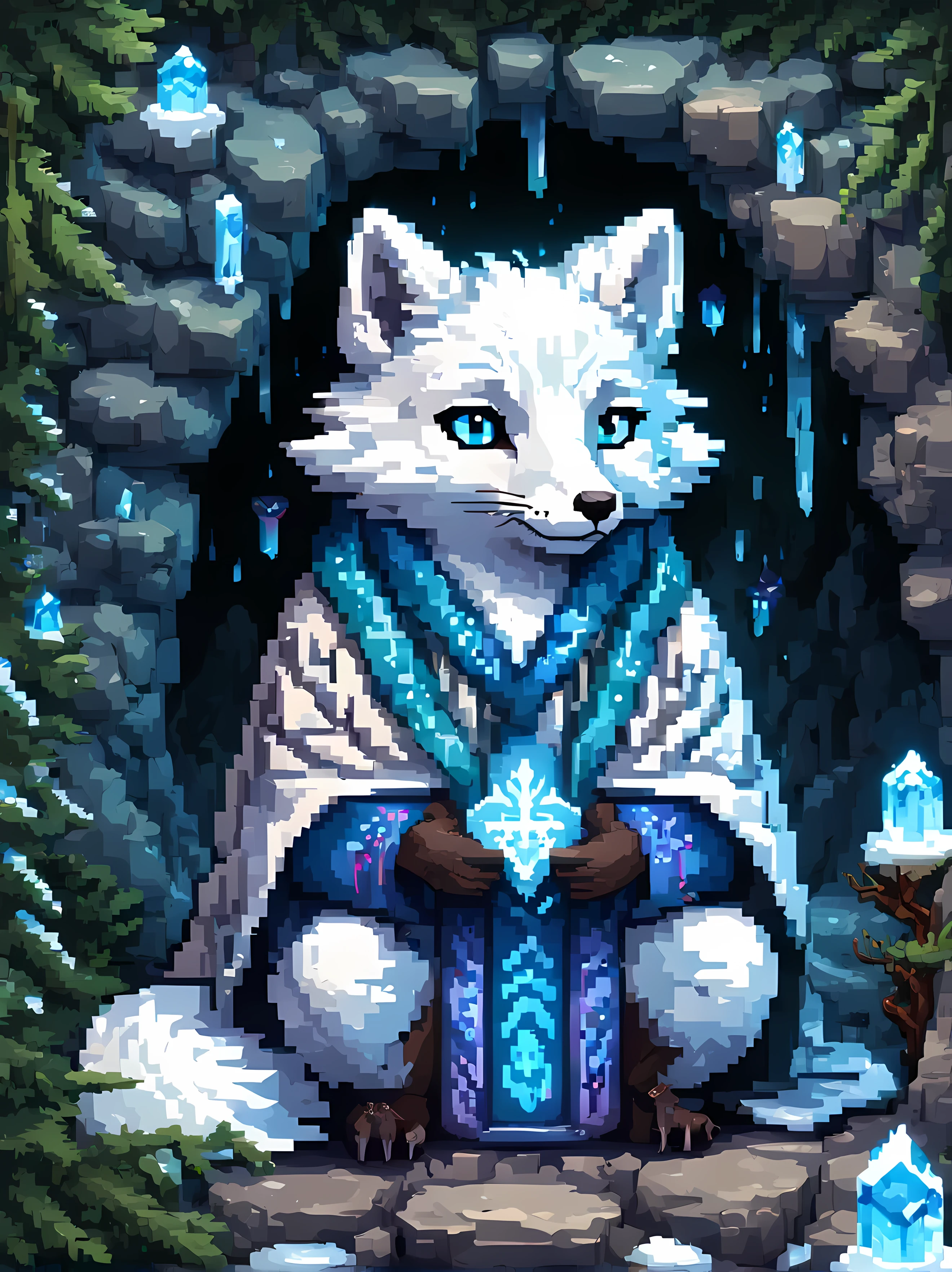 Pixel art, a formidable yet endearing arctic fox (wizard) sitting upon a frozen rock near a mystical cave entrance, wearing an intricately designed (robe) decorated with whimsical magical lines of different colors, vivid blue eyes, exuding power and wisdom. | Ethereal glow coming from inside the cave, the entrance is decorated with (magical runes). | Surrounded by evergreen plants, delicate. | Masterpiece in maximum 16K resolution, superb quality. | ((More_Detail))