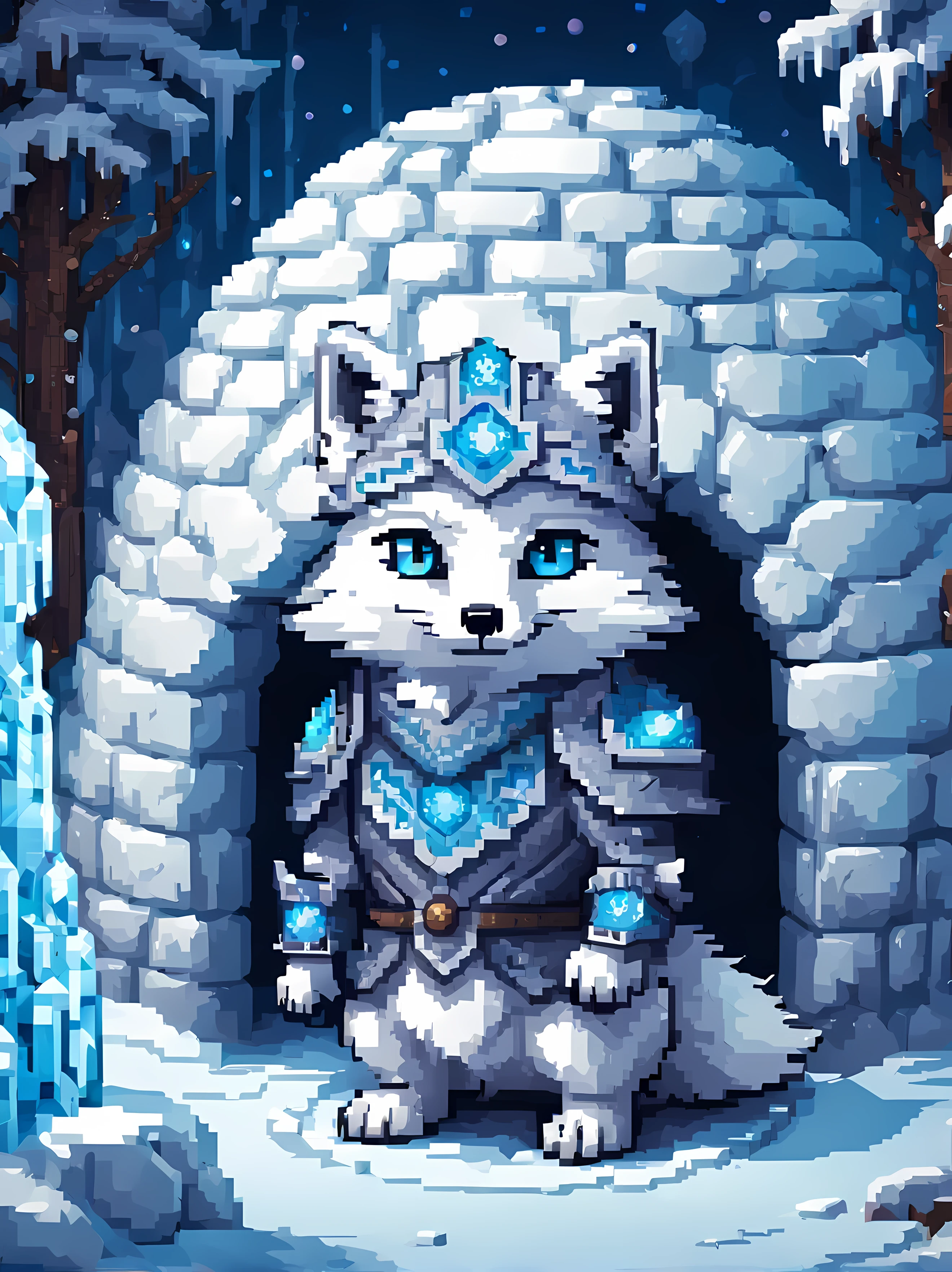 Pixel art, a formidable yet endearing arctic fox (warrior) stands proudly inside a cozy igloo, wearing an (intricately designed armor) made from shimmering gemstones of different colors, vivid blue eyes, exuding a strength and resilience. | The igloo is richly decorated with intricate ice carvings depicting (ancient symbols) of power and protection, exuding mystique and enchantment. | A crackling fire pit in the center emits a cozy warmth, casting flickering shadows on the ice walls, delicate. | Masterpiece in maximum 16K resolution, superb quality. | ((More_Detail))