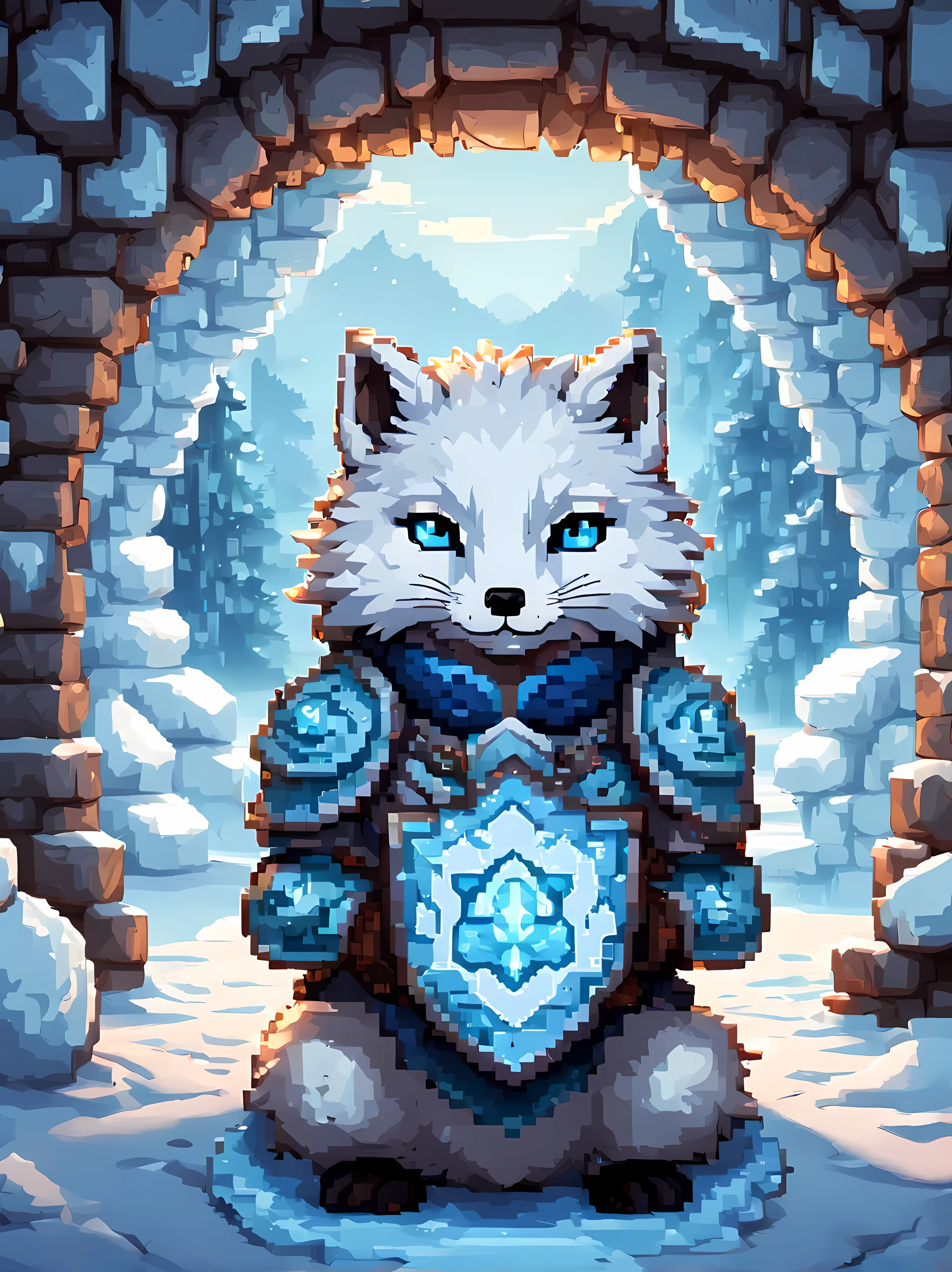 Pixel art, a formidable yet endearing arctic fox (warrior) stands proudly inside a cozy igloo, wearing an (intricately designed armor) made from shimmering gemstones of different colors, vivid blue eyes, exuding a strength and resilience. | The igloo is richly decorated with intricate ice carvings depicting (ancient symbols) of power and protection, exuding mystique and enchantment. | A crackling fire pit in the center emits a cozy warmth, casting flickering shadows on the ice walls, delicate. | Masterpiece in maximum 16K resolution, superb quality. | ((More_Detail))