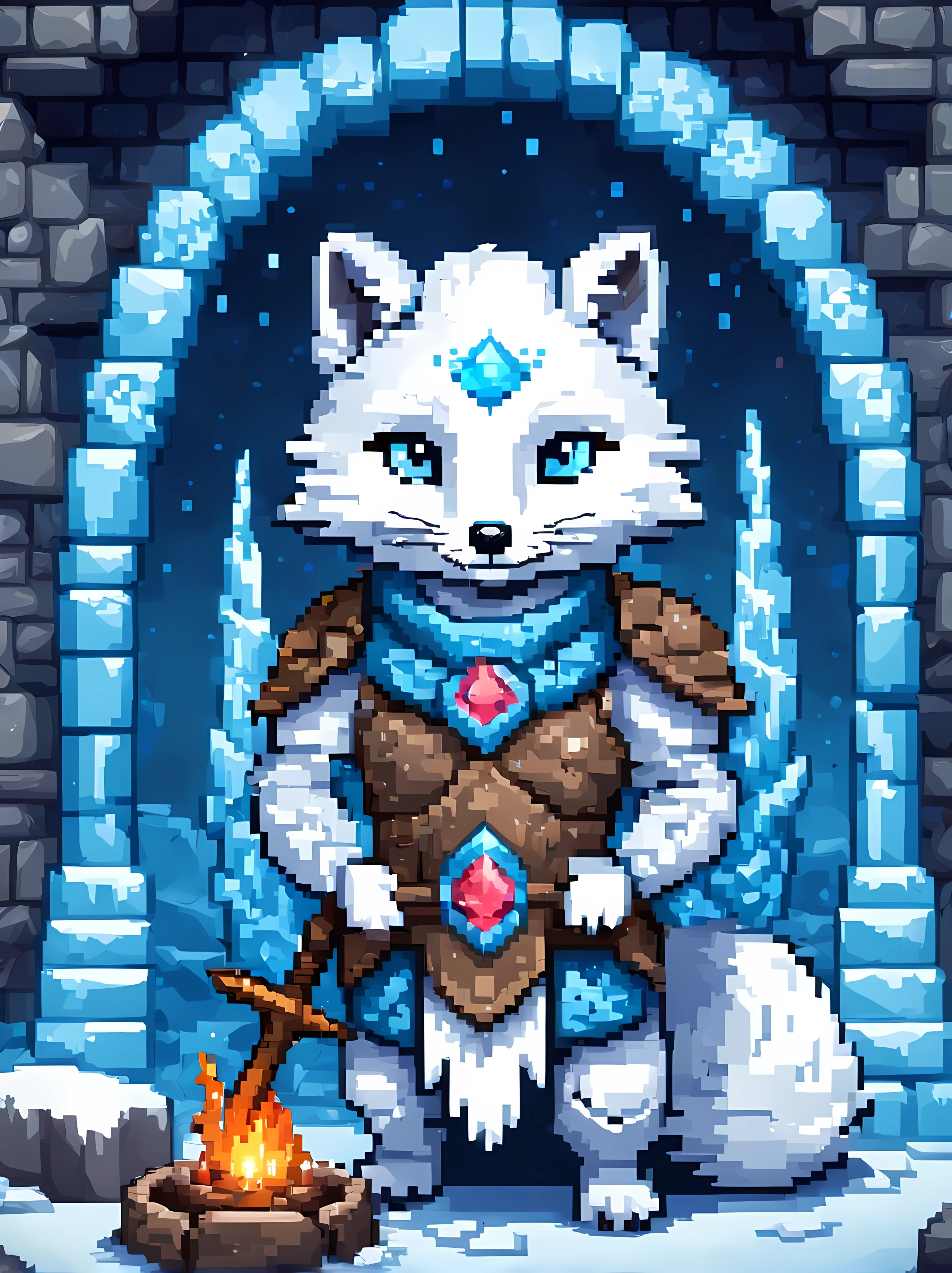 Pixel art, a formidable yet endearing arctic fox (warrior) stands proudly inside a cozy igloo, wearing an (intricately designed armor) made from shimmering gemstones of different colors, vivid blue eyes, exuding a strength and resilience. | The igloo is richly decorated with intricate ice carvings depicting (ancient symbols) of power and protection, exuding mystique and enchantment. | A crackling fire pit in the center emits a cozy warmth, casting flickering shadows on the ice walls, delicate. | Masterpiece in maximum 16K resolution, superb quality. | ((More_Detail))