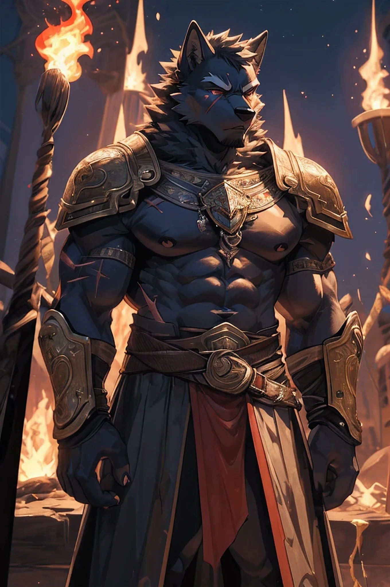 "Stunningly detailed anime solo sketches ，extremely high quality，((muscular)) ((Handsome，vertical painting，black Wolf，Blackface fight，whole body，orc d，hairy)) ((black fur，Disasters and Disasters))，((universal armor，epic，scar，middle Ages，Gold bracers，Coordinated body proportions)) red eyes. He exudes a mature atmosphere，Flame pattern，metal ring，powerful and violent，fire，(On the neck，delicate textures surround it in a spiral shape，Symbolizing the breath of fire,Around the forehead and cheekbones，Form a Fire Emblem pattern)