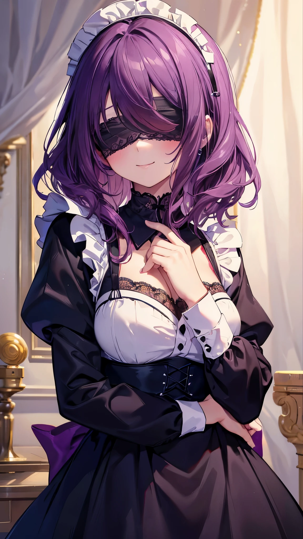 (8K、Highest image quality、highest quality、masterpiece)、detailed face、1 girl、purple hair、medium hair、wavy hair、((black lace blindfold))、smile、blush、Moderate chest、((maid))、long sleeve、cowboy shot、luxury room background
