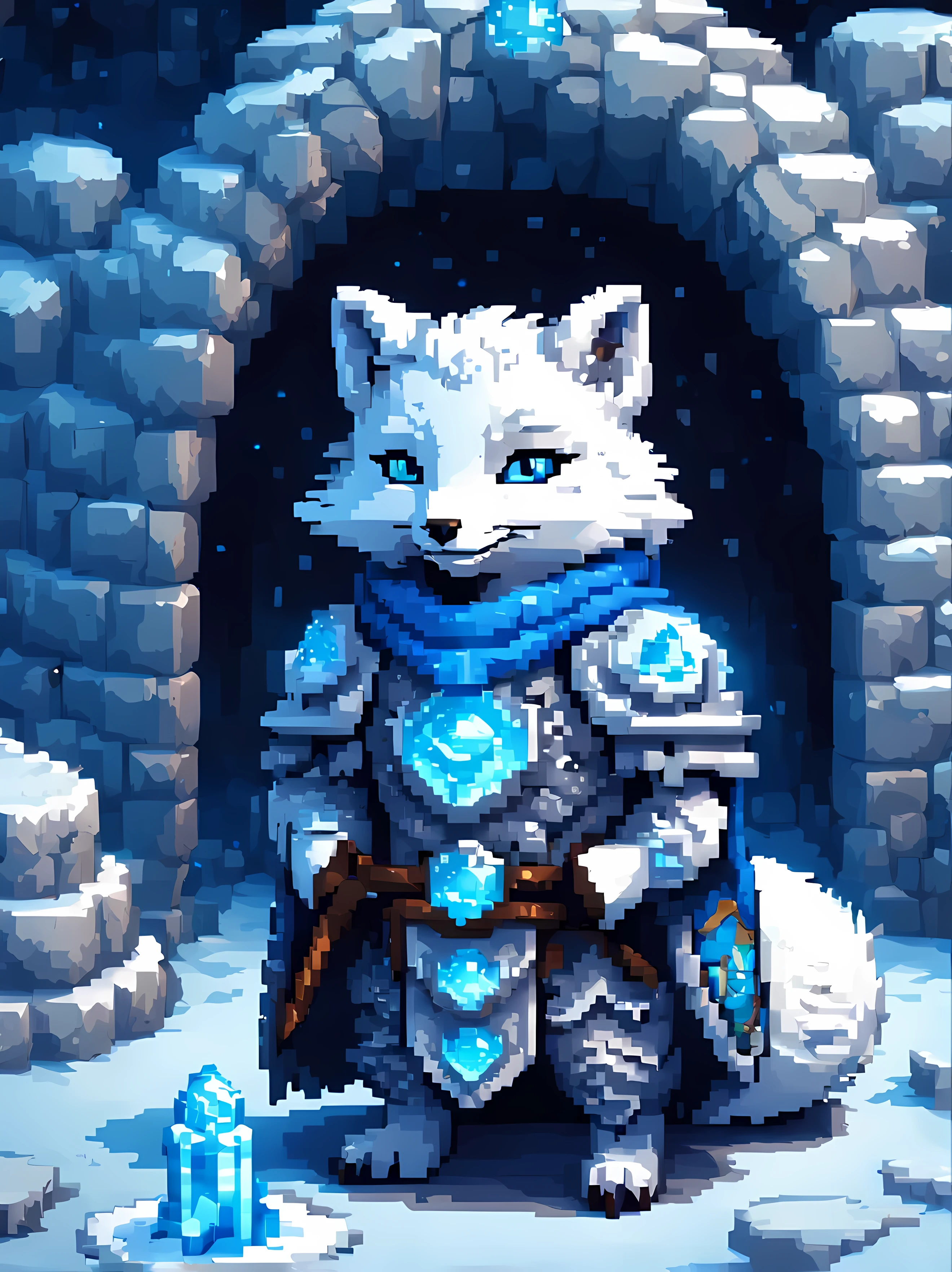 Pixel art, a formidable yet endearing arctic fox (warrior) stands proudly inside a cozy igloo, wearing an (intricately designed armor) made from shimmering gemstones of different colors, vivid blue eyes, exuding a strength and resilience. | The igloo is richly decorated with intricate ice carvings depicting (ancient symbols) of power and protection, exuding mystique and enchantment. | A crackling fire pit in the center emits a cozy warmth, casting flickering shadows on the ice walls, delicate. | Masterpiece in maximum 16K resolution, superb quality. | ((More_Detail))