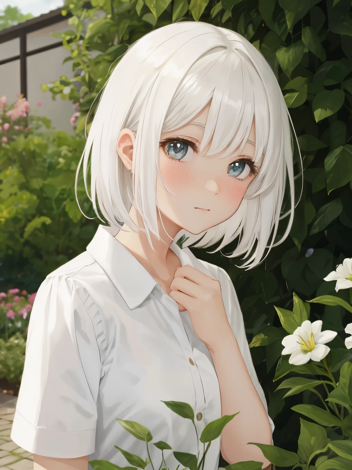 close portrait, short white hair, blushing, embarrassment, garden background