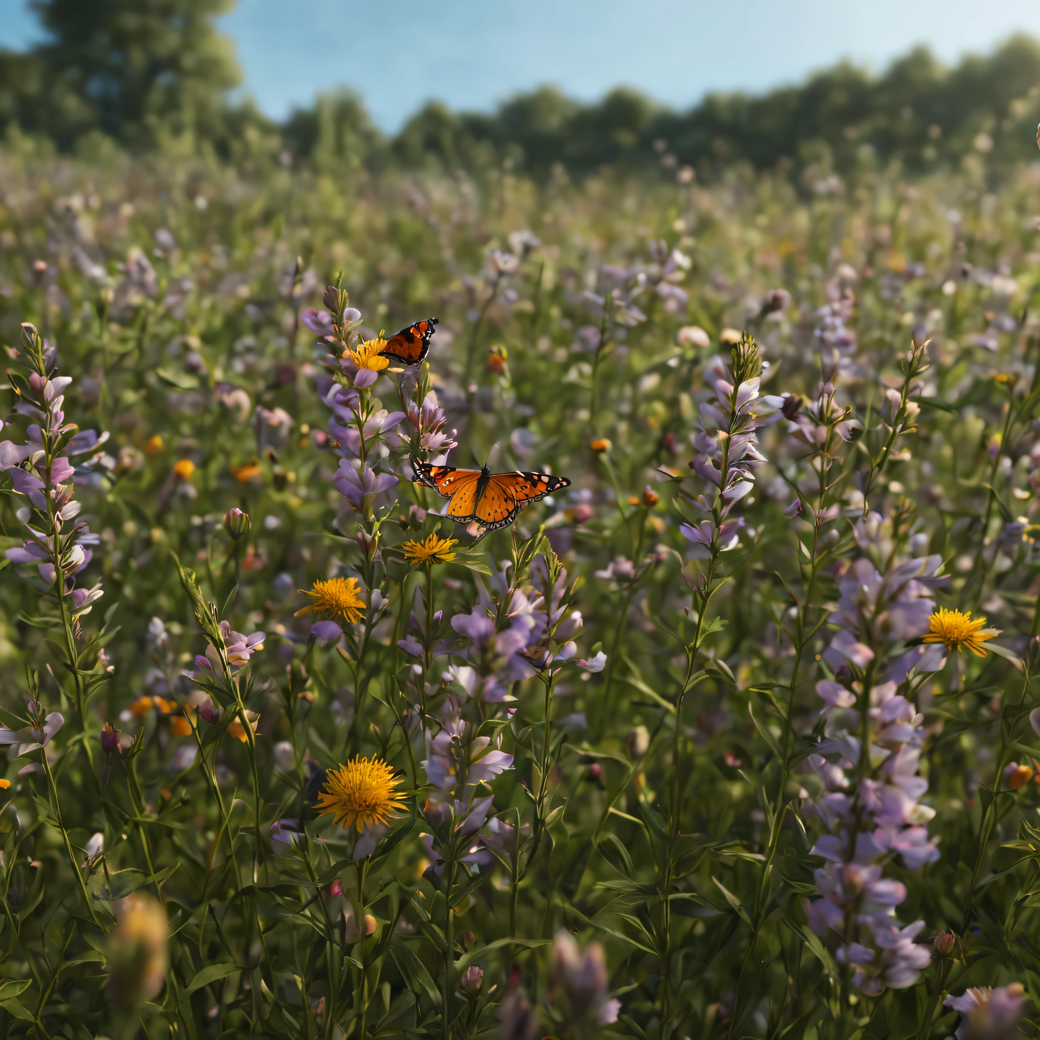 close up on a field of wildflowers and butterflies, only nature, No humans, the realism is astounding, capturing every intricate detail with precision. The lighting in the scene is soft and gentle, creating a warm and welcoming ambiance.