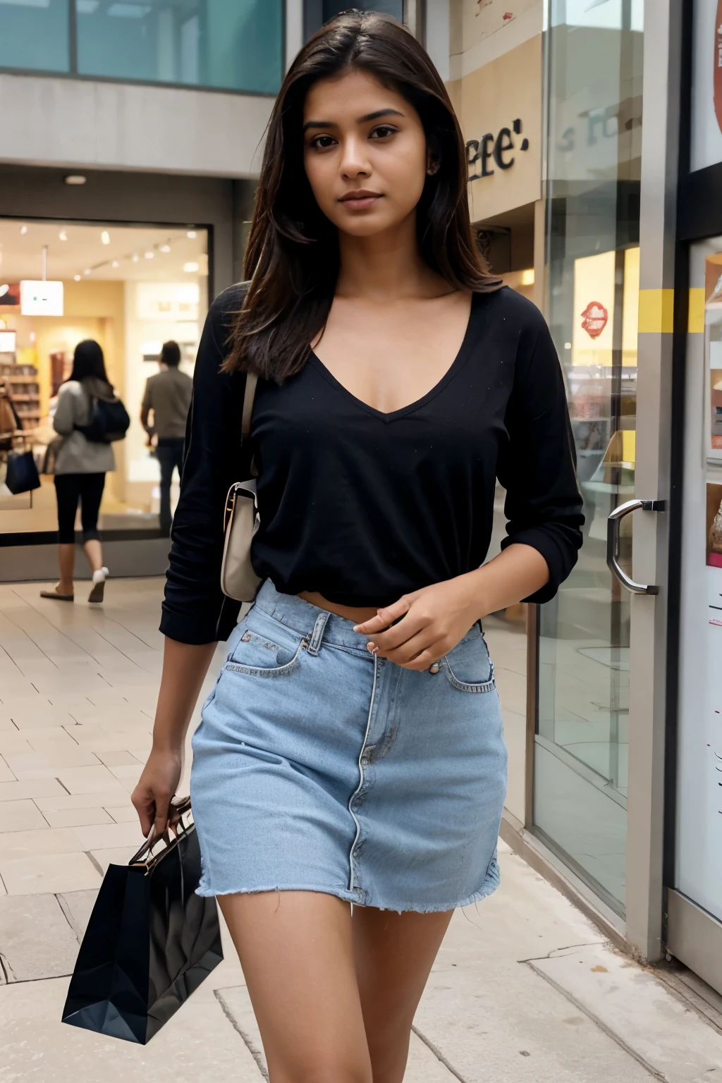 25 yo brunette indian girl walking out of a shopping store