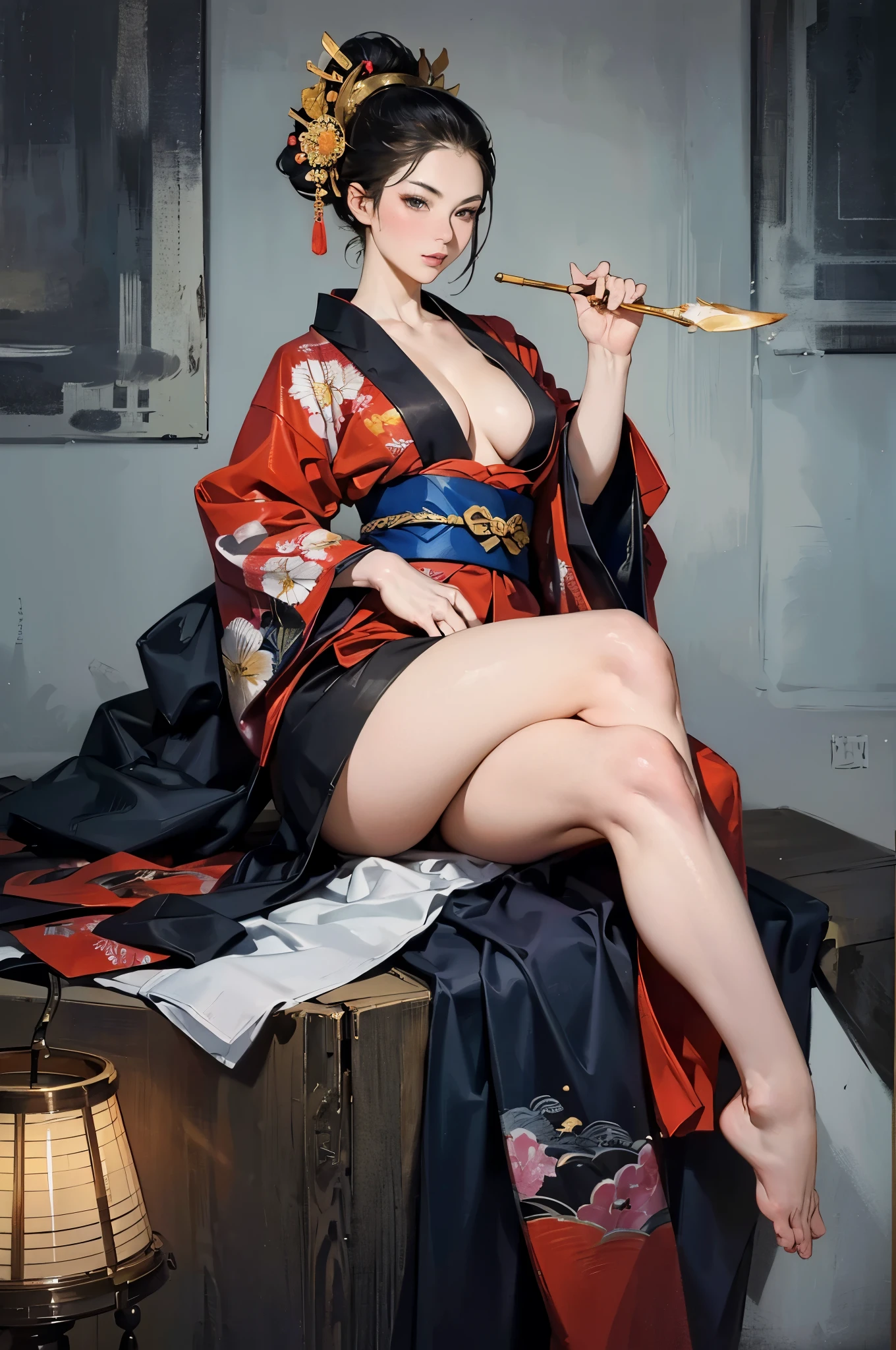 Umalinda warrior sexy, pretty face, Delicious Company, Alluring figure, Wearing a sexy open kimono. The artwork is created in a medium reminiscent of Japanese ink paintings....., Featuring bold brushstrokes and a monochromatic palette. artist&#39;Masterful technique reveals the intensity and power of the image&#39;sense of presence，with the highest quality, Perfectly capture every detail with ultra-high resolution. Textures and intricate patterns on kimonos are rendered with extreme precision. Lighting is carefully designed，Enhance drama, Features deep shadows and subtle highlights. General, The artwork exudes elegance and power, Combining traditional Japanese aesthetics with a modern feel，Combine details, Create captivating and immersive experiences for your audience.