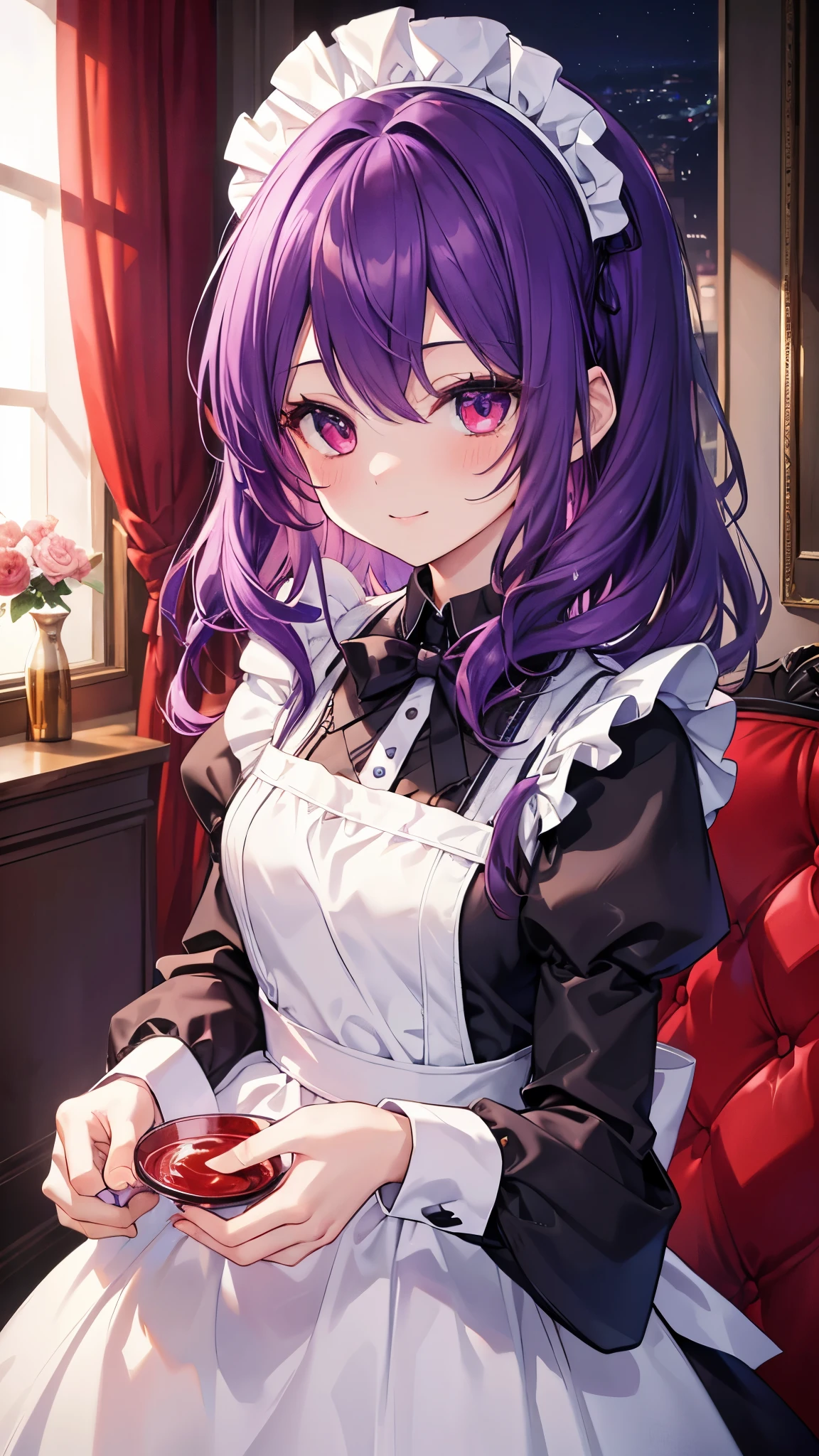 1girl, r1ce sh0wer,  purple eyes, hair over one eye, maid, <lora:Rice Shower_40794:0.8>, <lora:GBF_Splash:1>, splash art