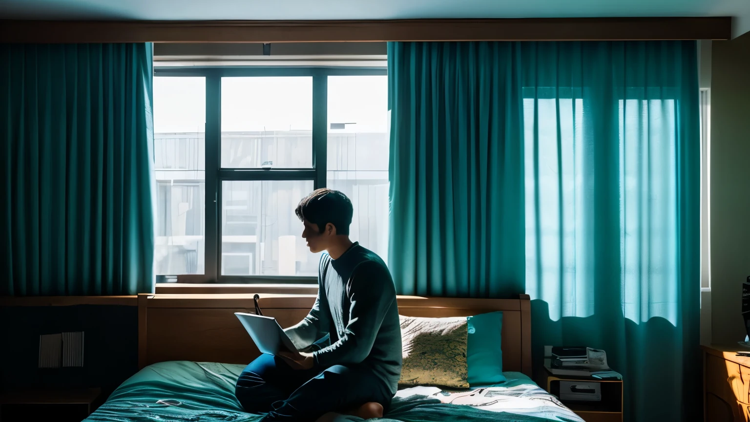 Sunlight shines through the curtains,Shoot into the dark room,A man sits on the bed frustrated。The room is simply furnished,modern,There is a notebook on the table,The screen is blue windows desktop
