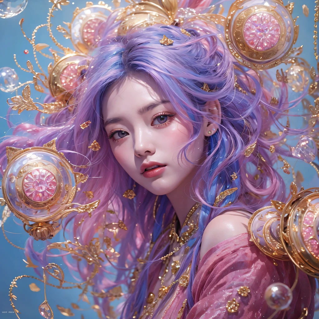 Goose pink blue color,enamel,agate,A flesh-colored world,Blood Blue Girl 32K(masterpiece,HD,Aoyama Pond,Ultra high quality,32)long flowing bright blue hair,blood pool,Ziddink, a color,Grumpy (After greeting), (Linen scarf), fighting stance, looking at the ground, Goose pink long hair, Floating bright blue, Fire cloud gold headdress, Chinese long-sleeved gold silk burgundy garment, (Abstract metaverse splash:1.2), White background,Peony flower vitality protector(粉realisticlying:1.4),bright purple hair,Smoke on the road,The background is very pure, high resolution, detail, RAW photos, Sharp Re, Nikon D850 film photo by Jefferies Lee 4 Kodak Portra 400 camera F1.6 guns, Rich pink shade, Ultra-realistic and vivid textures, dramatic lighting, Unreal Engine Art Station Trend, Sinest Powder 800,一个有着long flowing bright blue hair的女孩,Huge colorful bubbles鹅粉黄