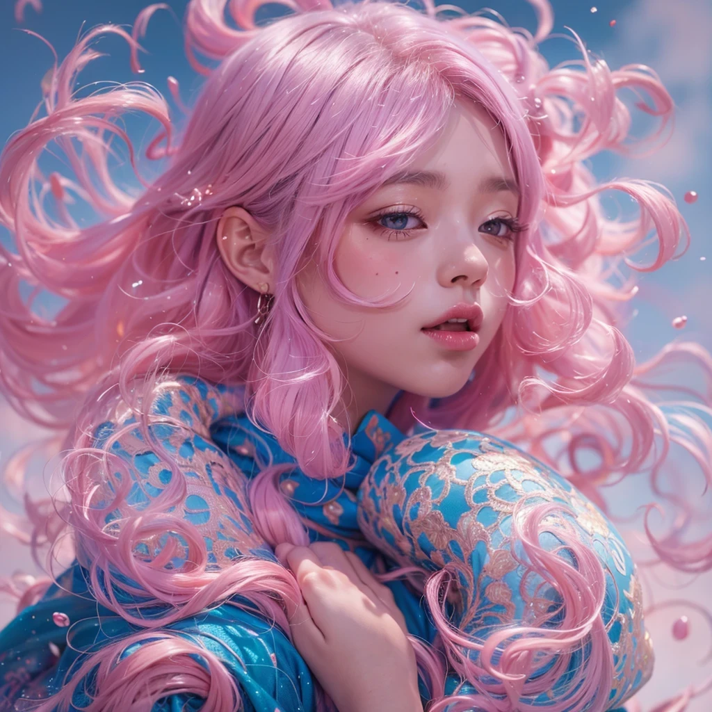 Goose pink blue color,enamel,agate,A flesh-colored world,Blood Blue Girl 32K(masterpiece,HD,Aoyama Pond,Ultra high quality,32)long flowing bright blue hair,blood pool,Ziddink, a color,Grumpy (After greeting), (Linen scarf), fighting stance, looking at the ground, Goose pink long hair, Floating bright blue, Fire cloud gold headdress, Chinese long-sleeved gold silk burgundy garment, (Abstract metaverse splash:1.2), White background,Peony flower vitality protector(粉realisticlying:1.4),bright purple hair,Smoke on the road,The background is very pure, high resolution, detail, RAW photos, Sharp Re, Nikon D850 film photo by Jefferies Lee 4 Kodak Portra 400 camera F1.6 guns, Rich pink shade, Ultra-realistic and vivid textures, dramatic lighting, Unreal Engine Art Station Trend, Sinest Powder 800,一个有着long flowing bright blue hair的女孩,Huge colorful bubbles鹅粉黄