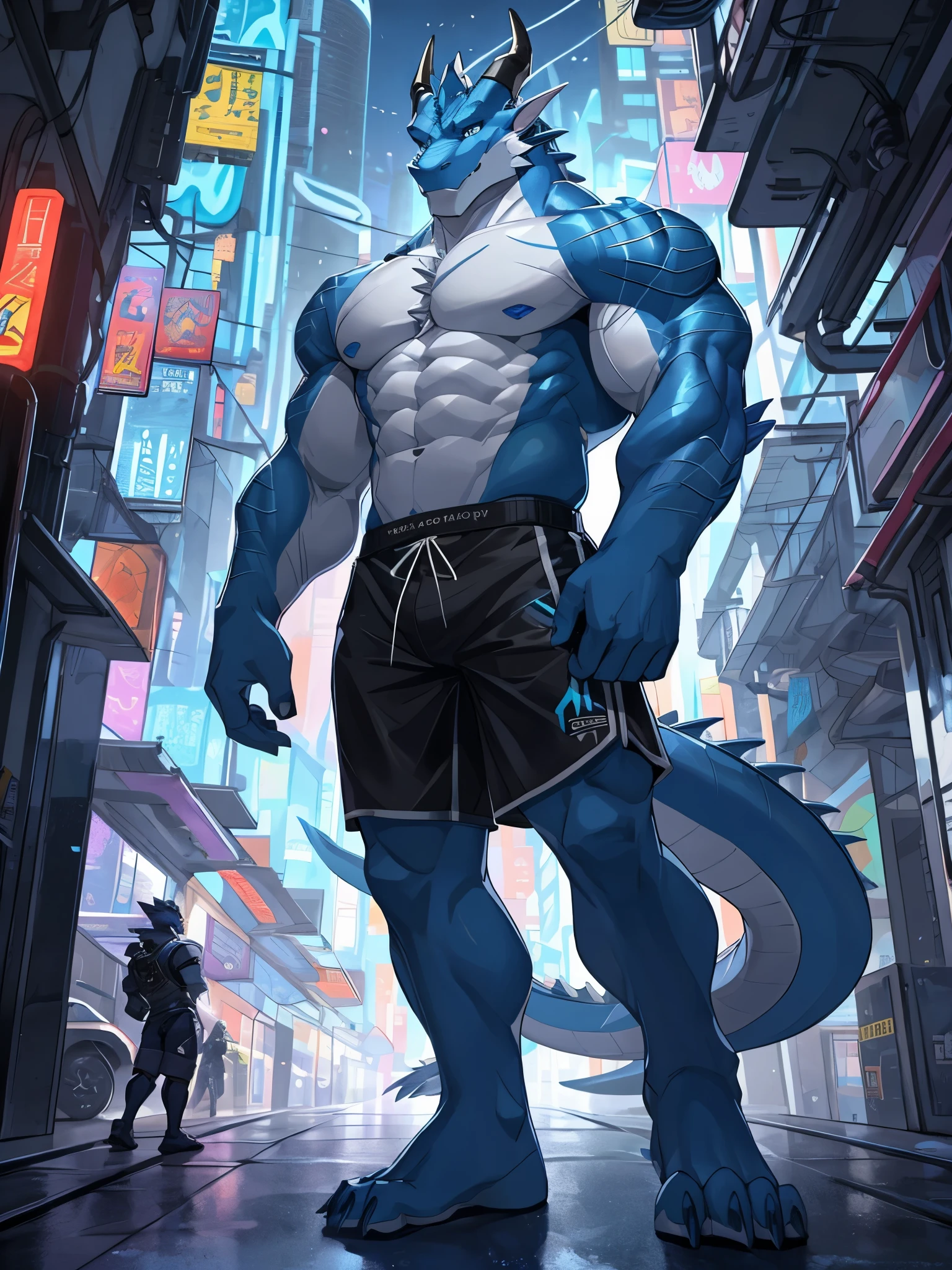 masterpiece, Anthropomorphic black dragon, white belly,There is a pair of beautiful dragon horns, blue eyes, vertical pupil,blue dragon scales,1 tail, very muscular body, OK, Only shorts, standing on the street,cyberpunk,rainy night,Sit in the corner