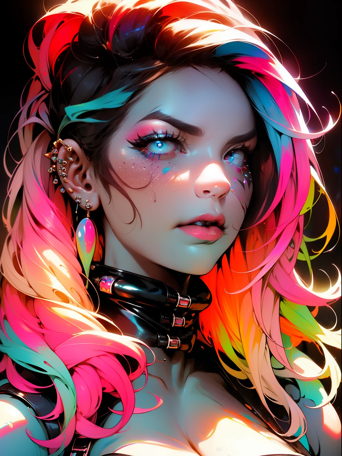 (masterpiece, top quality, best quality, official art, beautiful, cosmic, atmospheric, psychedelic, dreamlike and aesthetic, swirling psychedelic cosmic graffiti patterns:1.2), (1girl), extreme detailed,(fractal art:1.3),colorful,highest detailed, "(Best Quality, 8K, 32K, masutepiece:1.3), Ultra-detailed, (Photorealistic:1.4), pink and white colors, perfect color scheme, albino, Punk rock Girl, Detailed moonlight eyes, full body portrait, Luxurious neon blue punk hair, Edgy Harajuku-inspired punk rock fashion, super huge enormously gigantic tits, cleavage showing, Avant-garde makeup, Numerous piercings, Heavily tattooed body, swirling psychedelic cosmic dreamlike graffiti pattern background