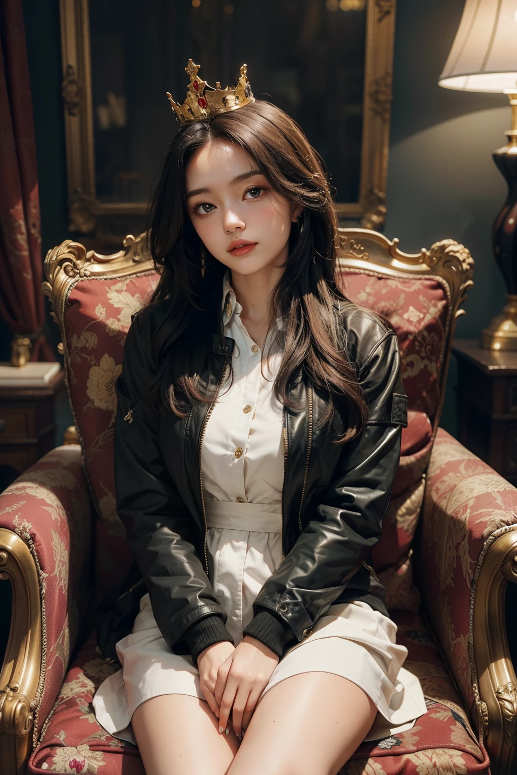 Very beautiful queen very well dressed and golden crown in a jacket aged 30 years old with very well-made hair and a well-tanned complexion Sitting in a binding armchair looking straight at the camera.